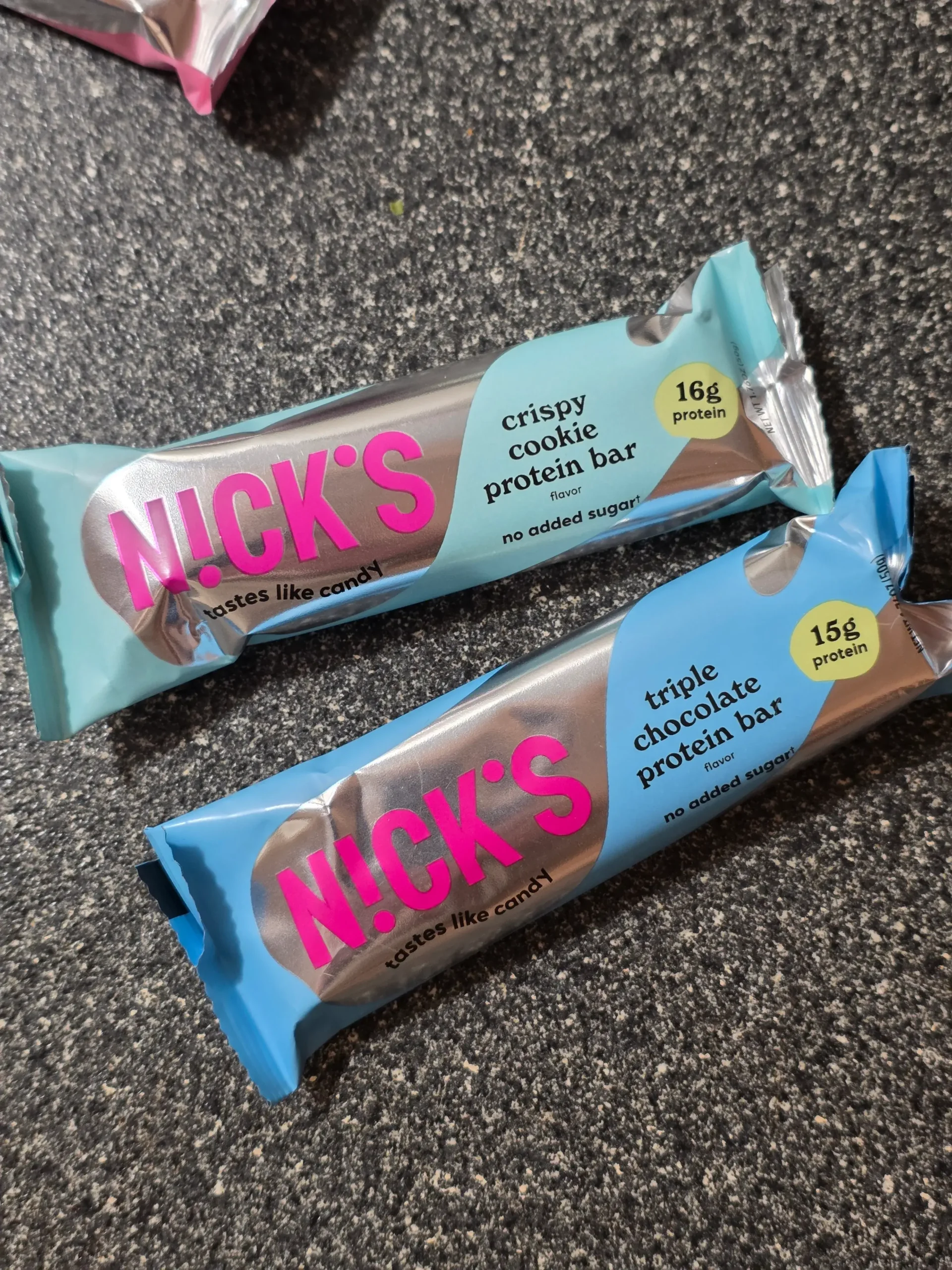 Nick's / N!ck's Protein Bar: Crispy Cookie, Triple Chocolate, Caramel Chocolate, Mint Chocolate, and Salty Peanut.