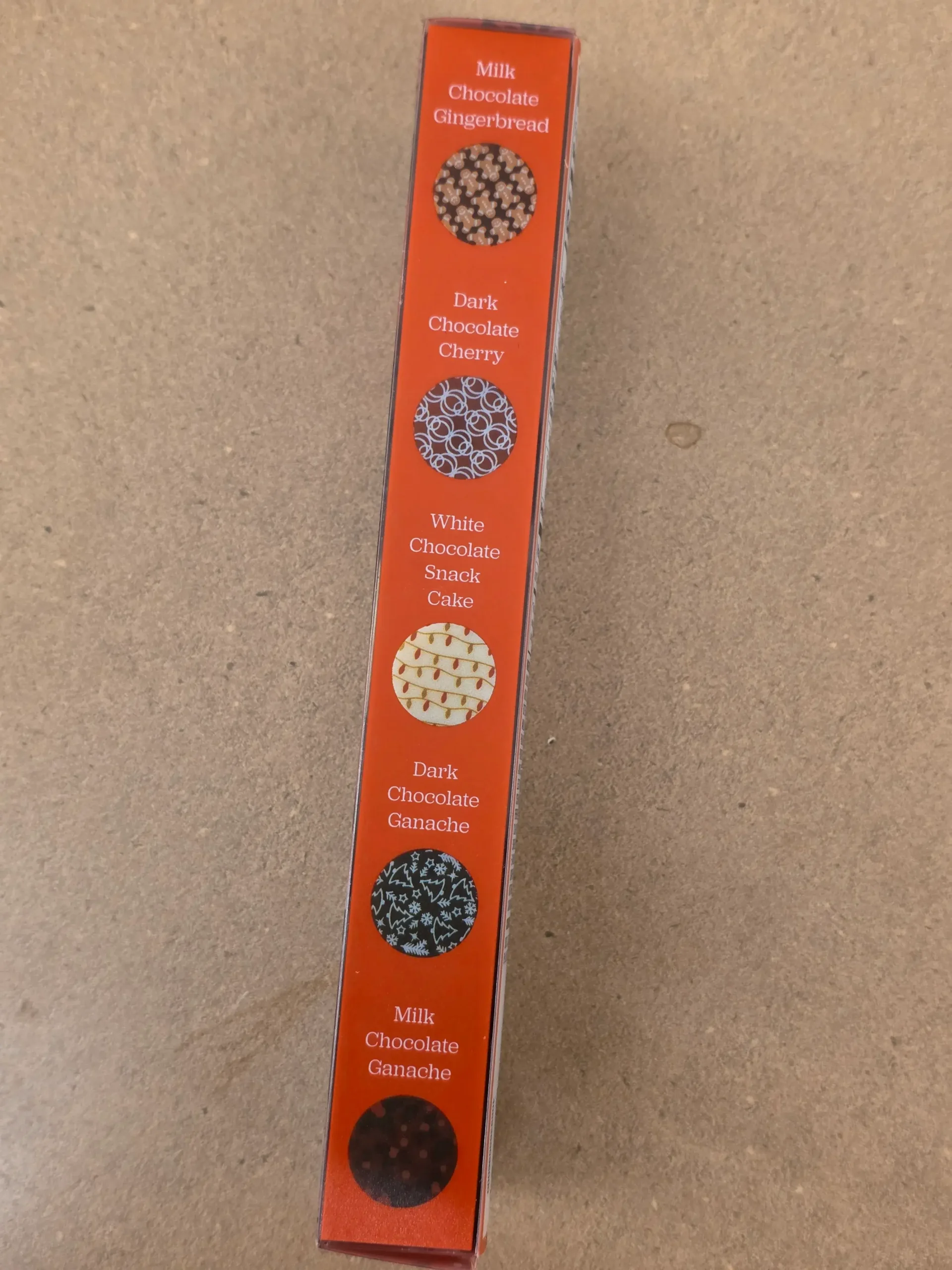 Choceur Christmas Holiday Chocolate Truffles: Milk Chocolate Gingerbread, Dark Chocolate Cherry, White Chocolate Snack Cake, Dark Chocolate Ganache, and Milk Chocolate Ganache.