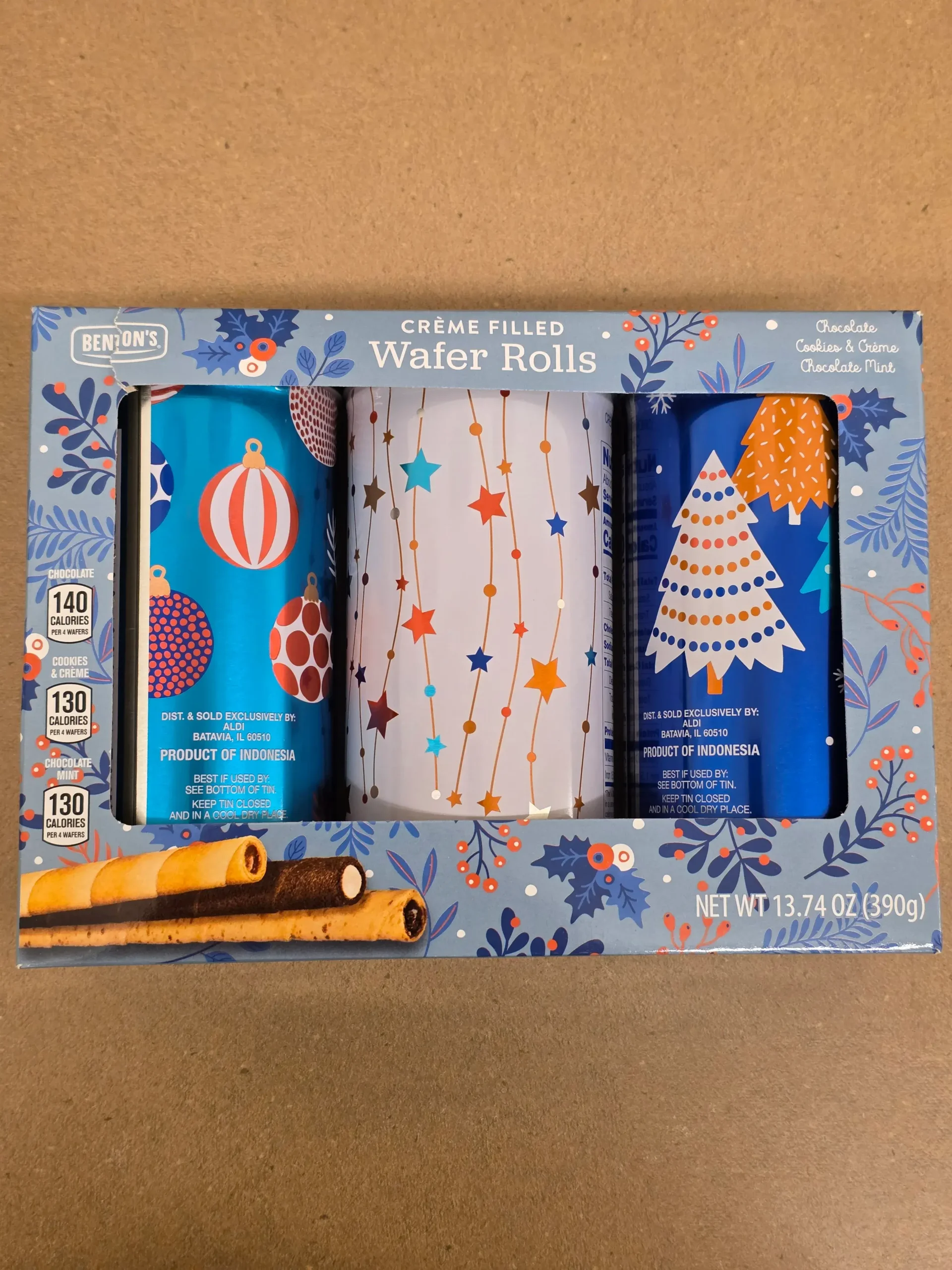 Benton's Creme Filled Christmas Holiday Wafer Rolls: Chocolate, Cookies & Creme, and Chocolate Mint.