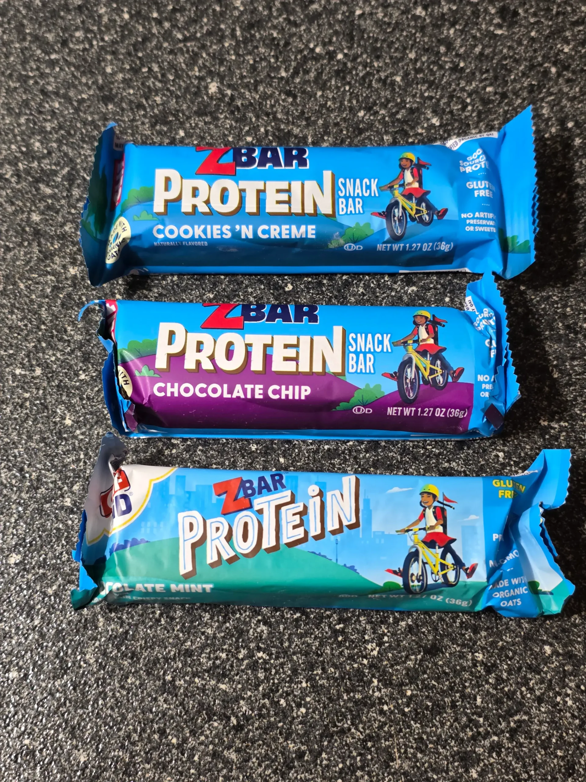 Clif ZBAR Protein and Oat Bars, Chocolate Chip, Chocolate Mint, and Cookies N' Creme.