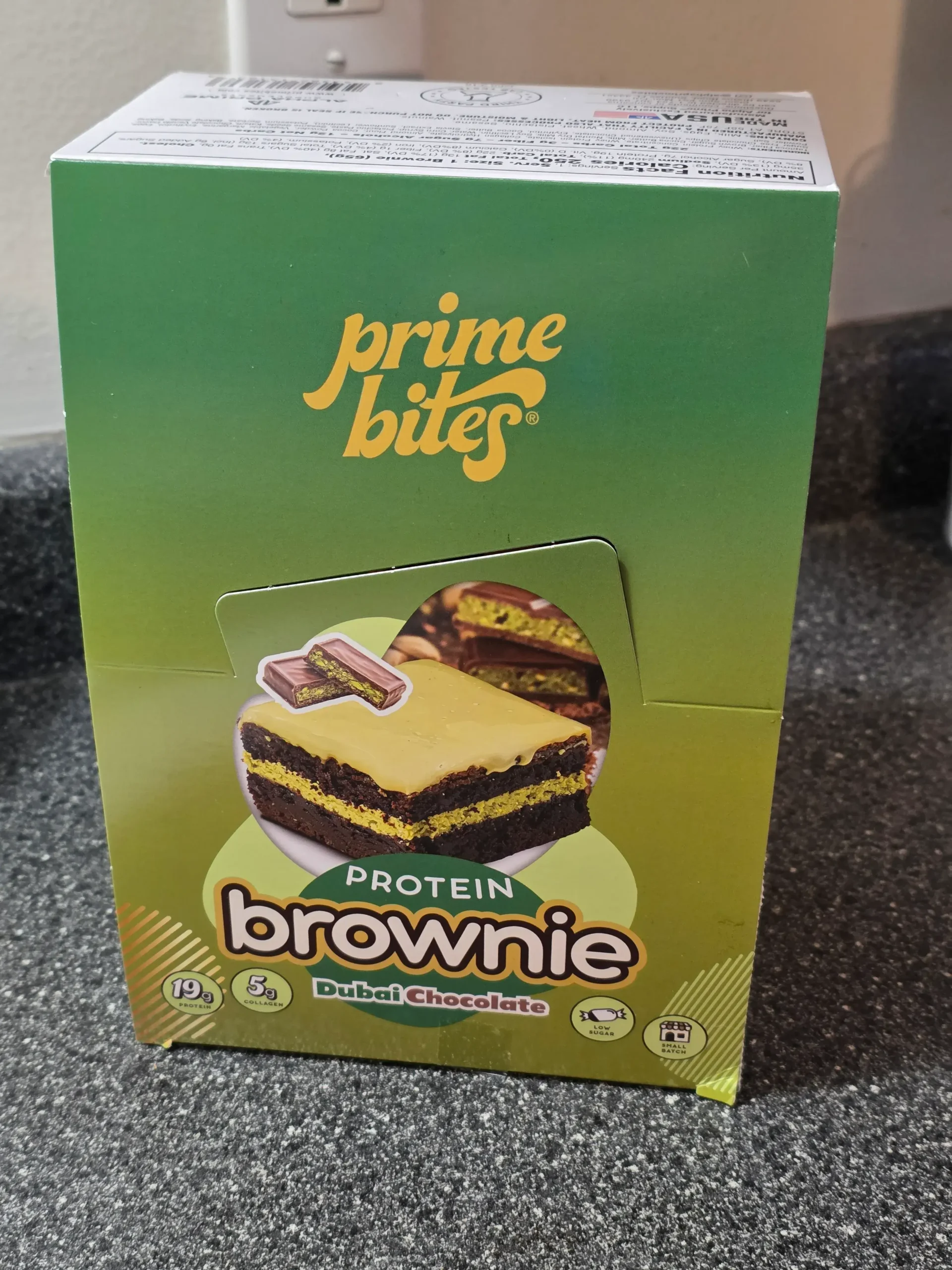 Prime Bites Dubai Chocolate Protein Brownies.