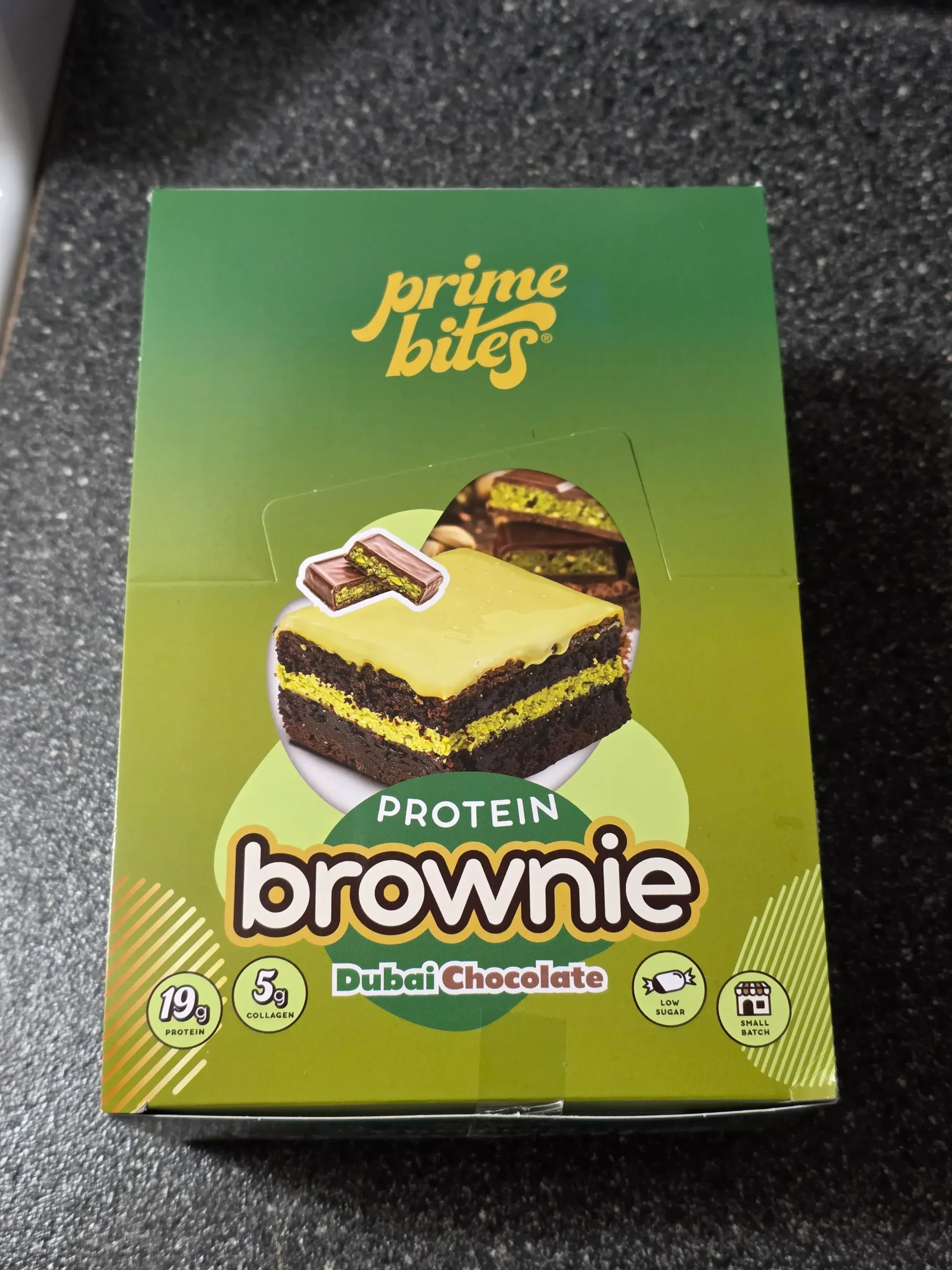 Prime Bites Dubai Chocolate Protein Brownies.