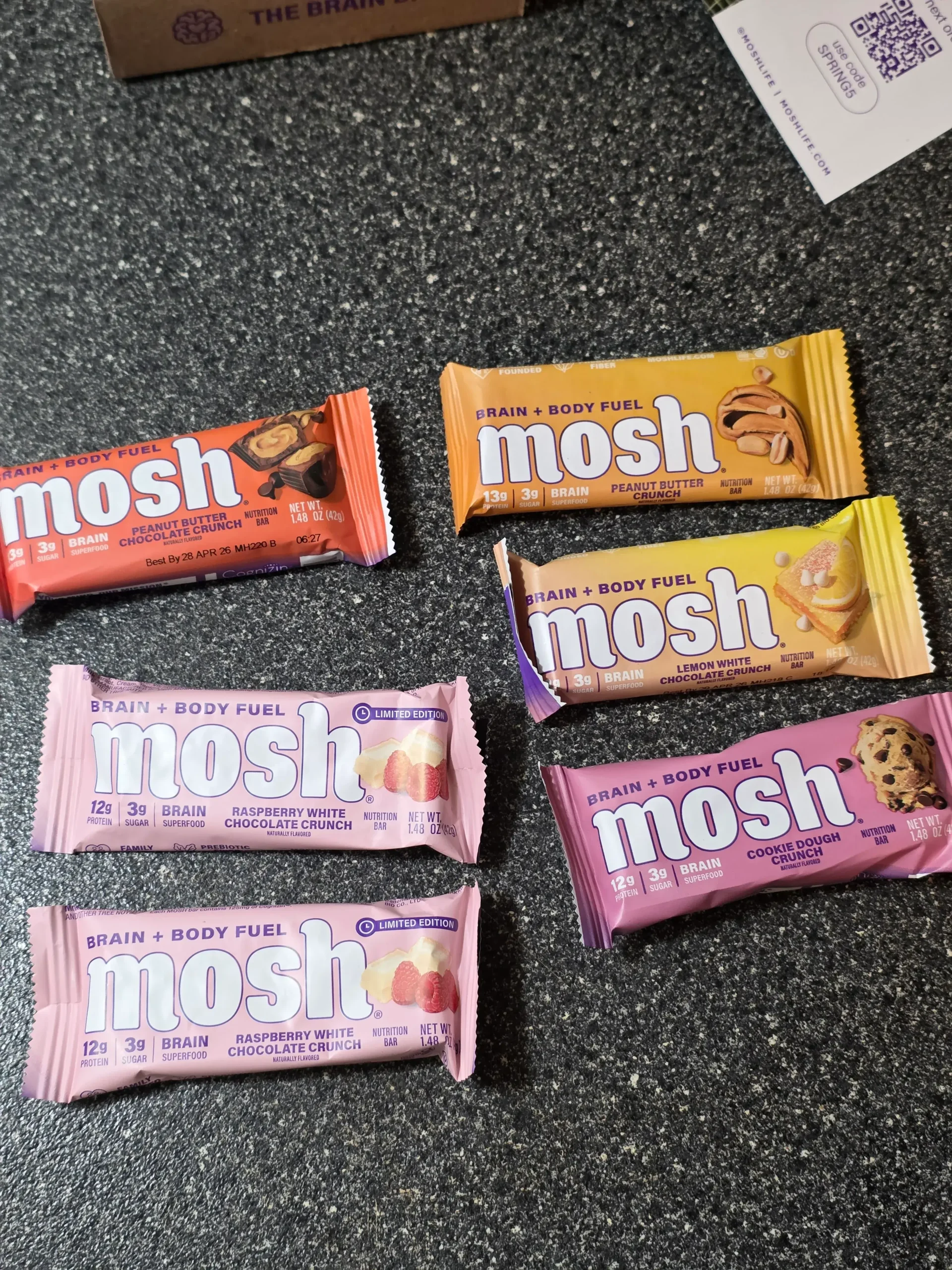Mosh Protein Bar Trial Pack: I picked these up from their TikTok shop, which includes the following six flavors: Cookie Dough Crunch, Peanut Butter Chocolate Crunch, Lemon White Chocolate Crunch, and Raspberry White Chocolate Crunch.