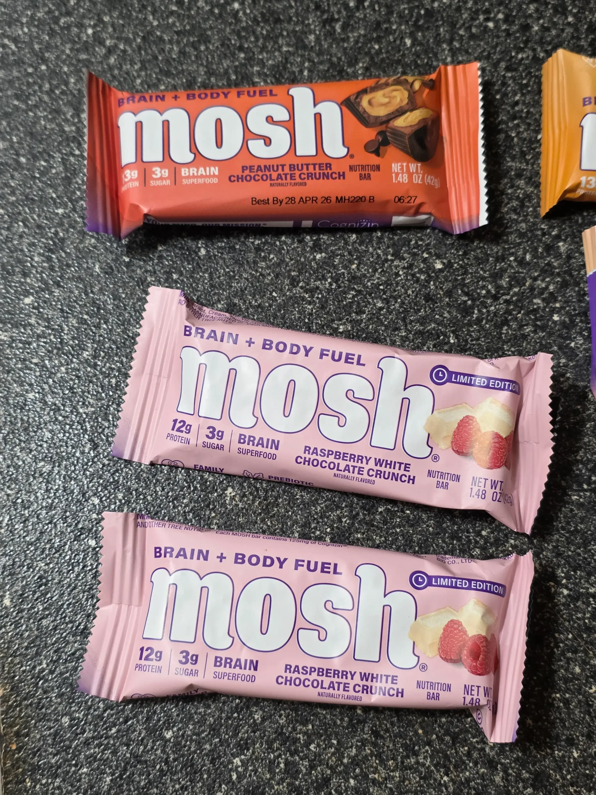 Mosh Protein Bar Trial Pack: I picked these up from their TikTok shop, which includes the following six flavors: Cookie Dough Crunch, Peanut Butter Chocolate Crunch, Lemon White Chocolate Crunch, and Raspberry White Chocolate Crunch.