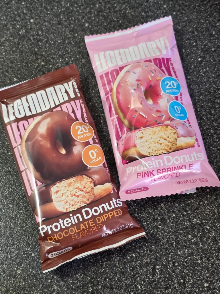 Legendary Food Protein Donuts: Cinnamon Crumble, Vanilla Glazed, Pink Sprinkle, and Chocolate Dipped