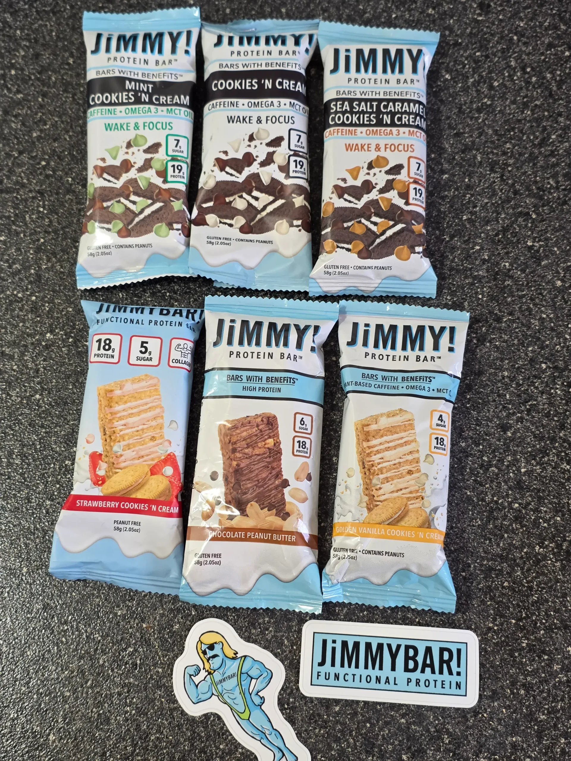 JimmyBar Functional Protein Bars: Mint Cookies 'N Cream, Chocolate Peanut Butter, Strawberry Cookies 'N Cream, Golden Vanilla Cookies 'N Cream, Sea Salt Caramel Cookies 'N Cream, and Cookies 'N Cream