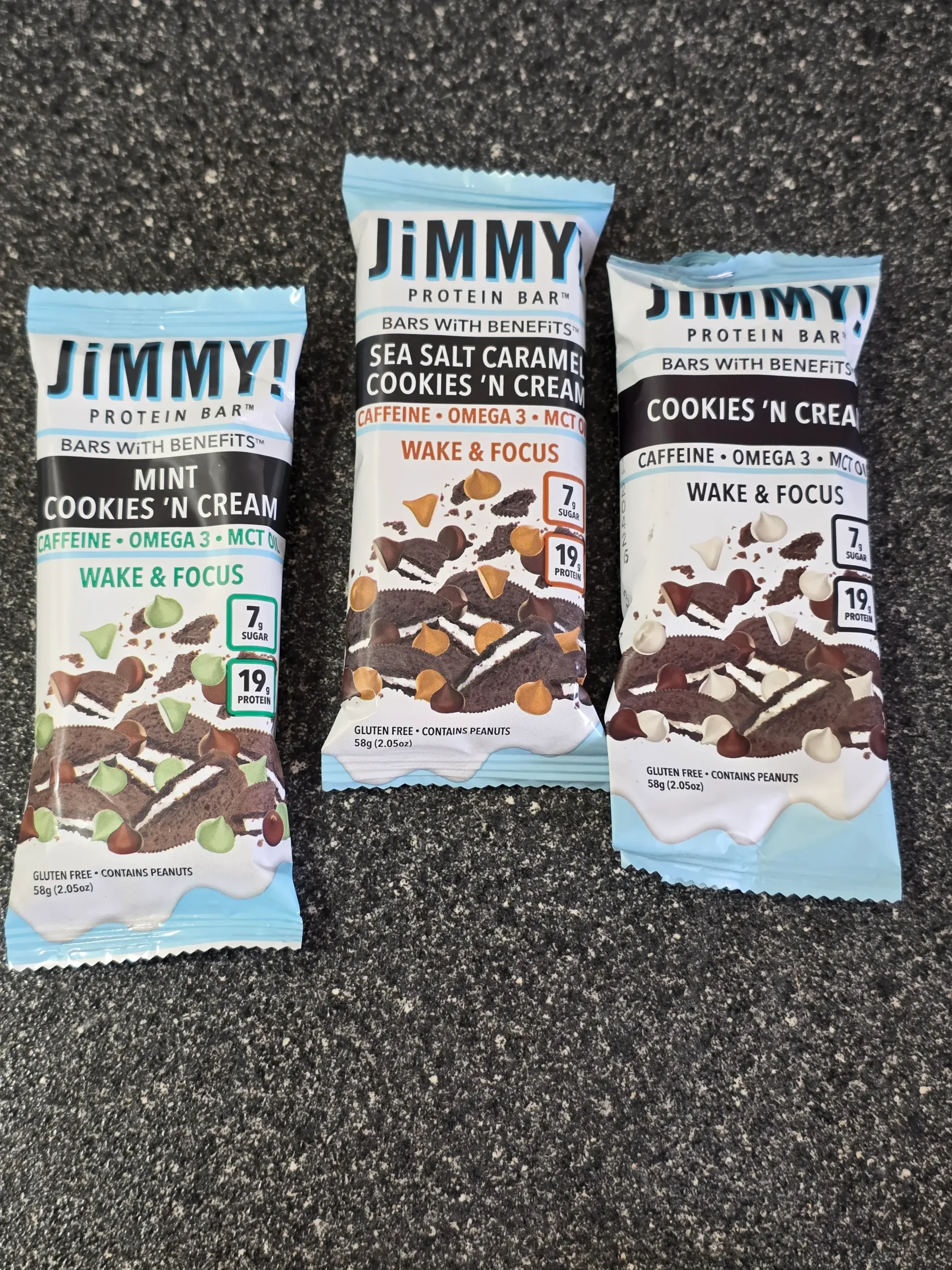 JimmyBar Functional Protein Bars: Mint Cookies 'N Cream, Chocolate Peanut Butter, Strawberry Cookies 'N Cream, Golden Vanilla Cookies 'N Cream, Sea Salt Caramel Cookies 'N Cream, and Cookies 'N Cream