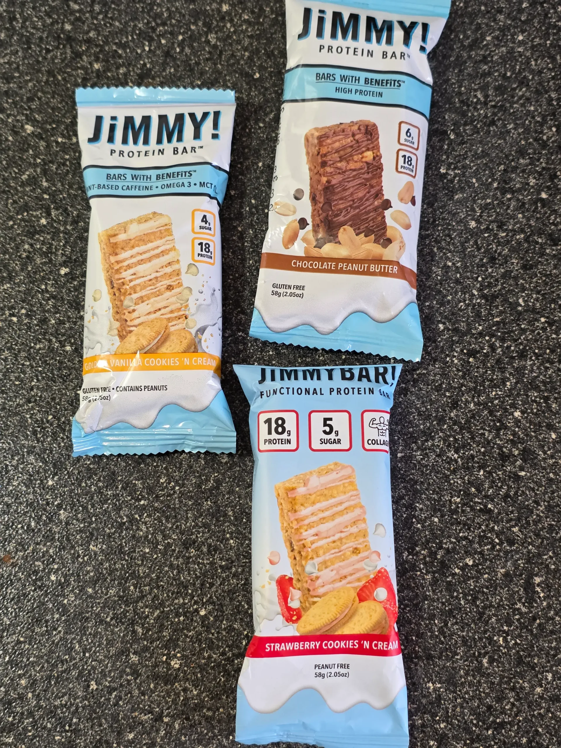 JimmyBar Functional Protein Bars: Mint Cookies 'N Cream, Chocolate Peanut Butter, Strawberry Cookies 'N Cream, Golden Vanilla Cookies 'N Cream, Sea Salt Caramel Cookies 'N Cream, and Cookies 'N Cream