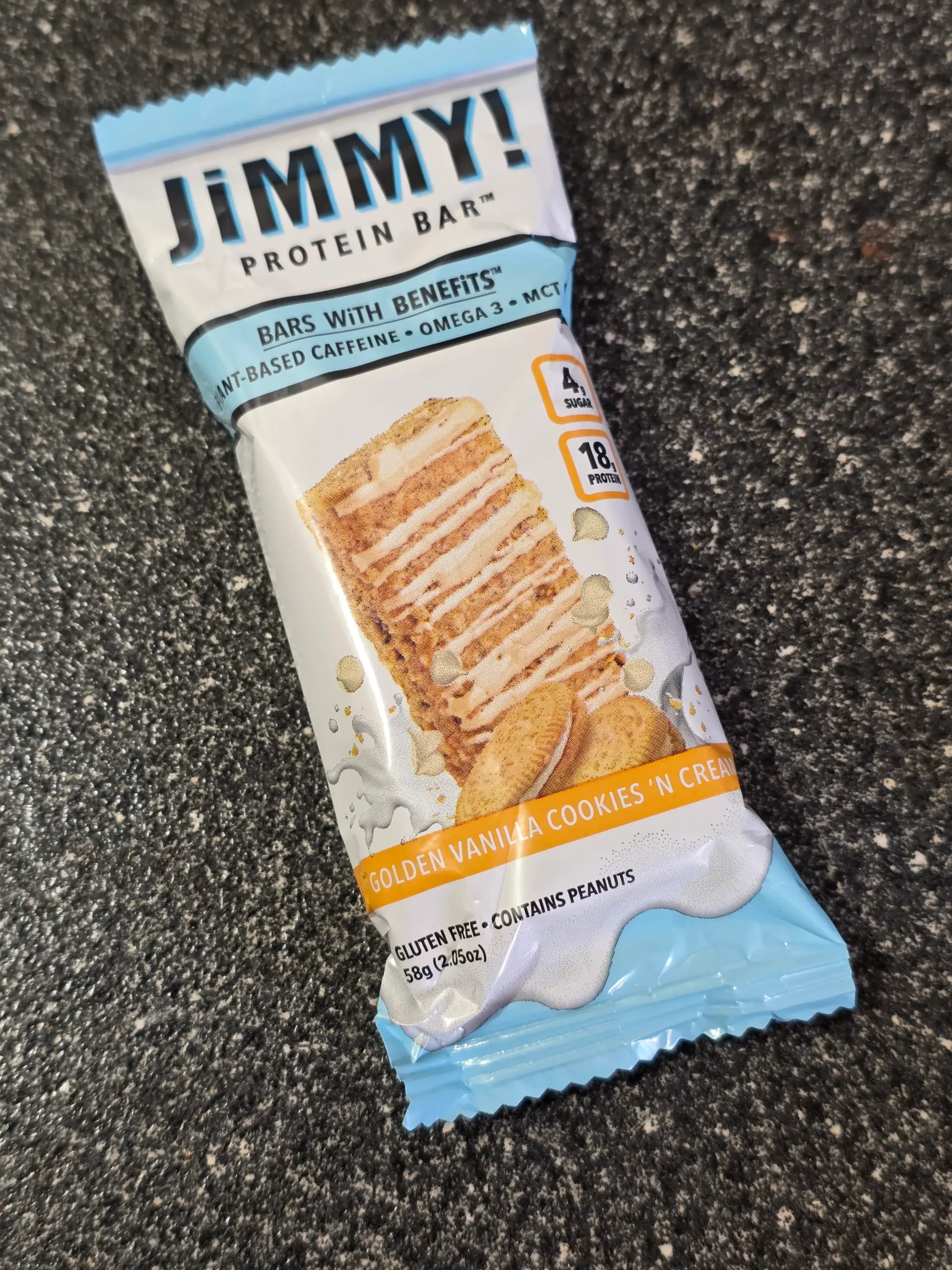 JimmyBar Functional Protein Bars: Mint Cookies 'N Cream, Chocolate Peanut Butter, Strawberry Cookies 'N Cream, Golden Vanilla Cookies 'N Cream, Sea Salt Caramel Cookies 'N Cream, and Cookies 'N Cream