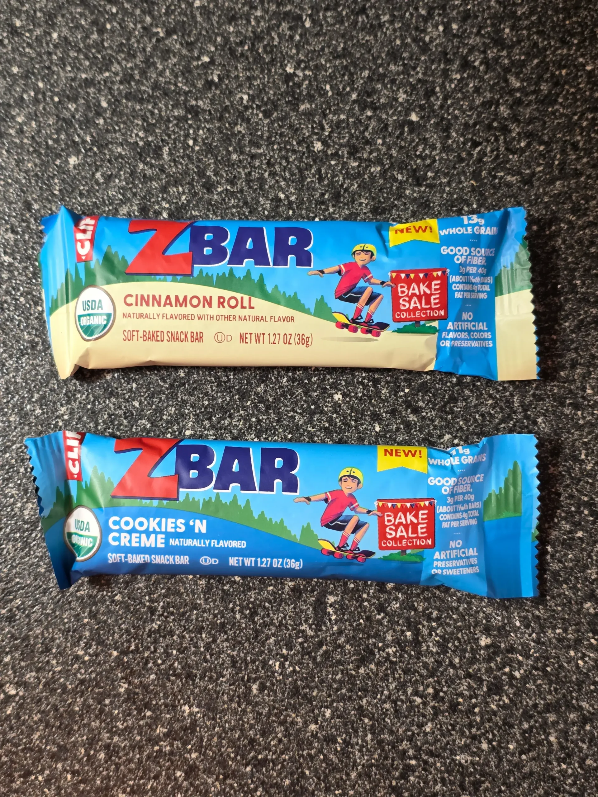 Clif ZBar Cinnamon Roll and Cookies N' Creme.