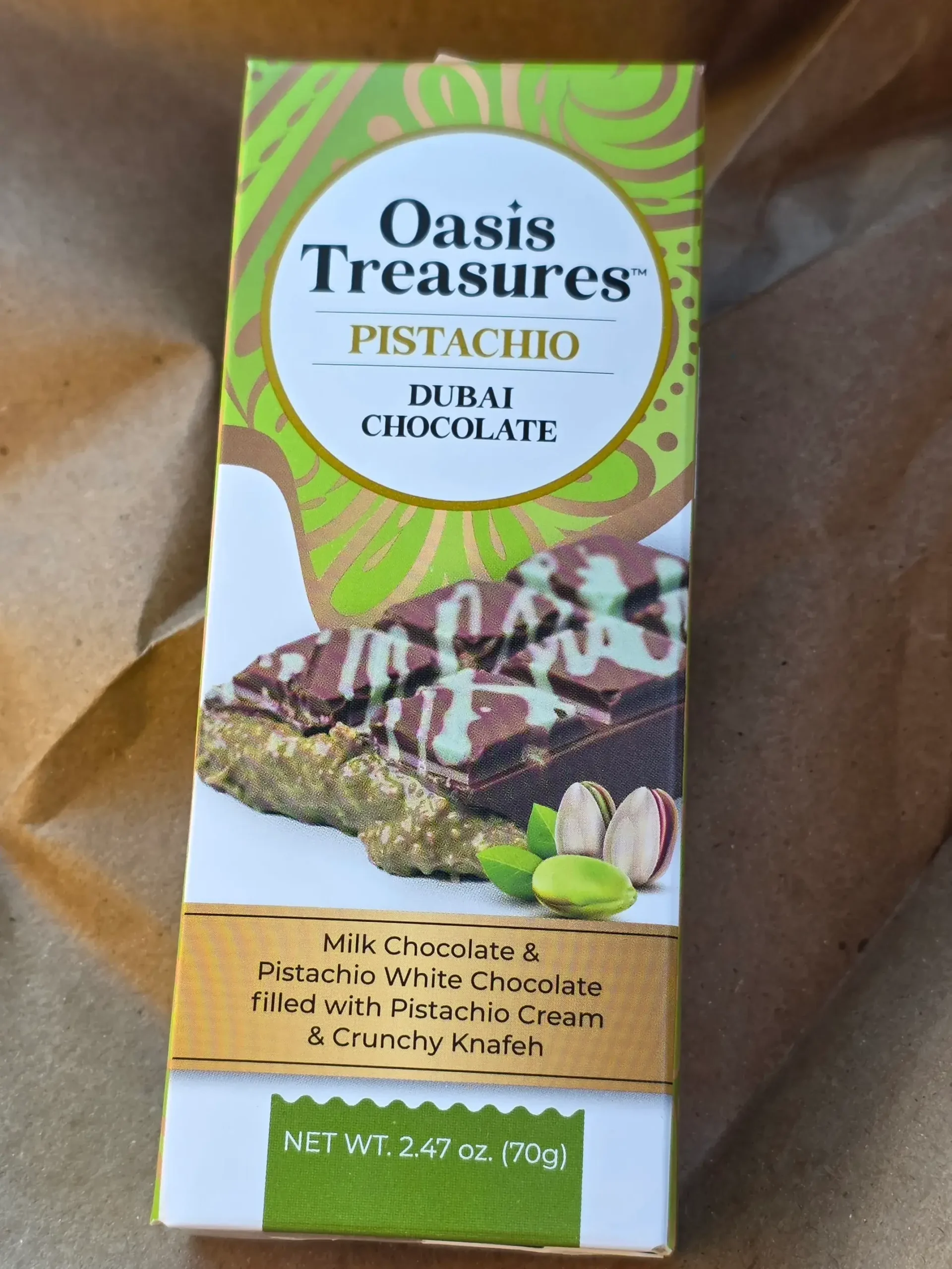 Oasis Treasures Pistachio Dubai Milk Chocolate Bar.