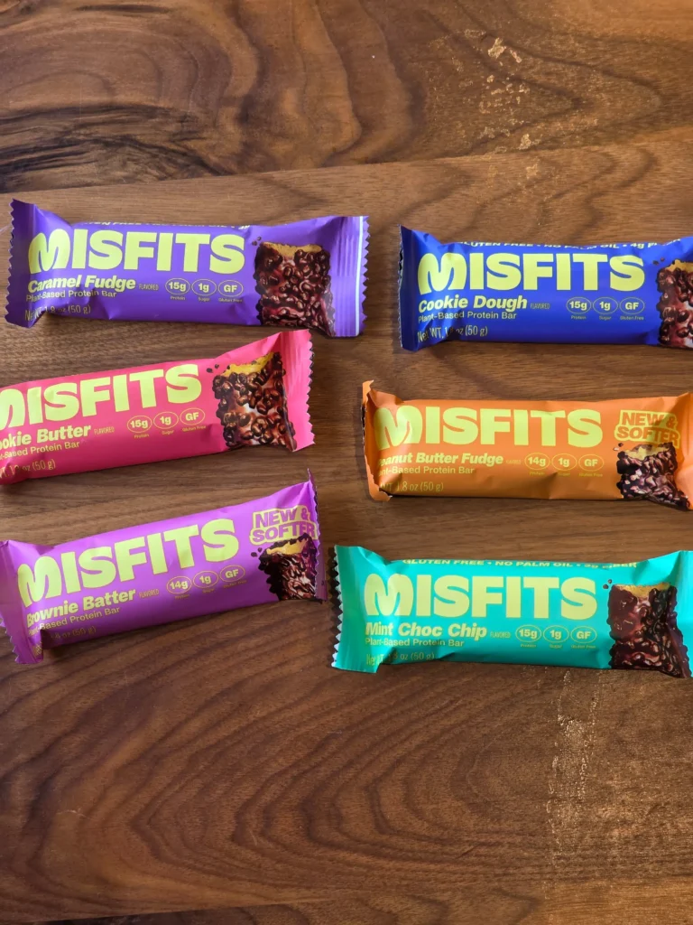 Misfits Protein Bars: Mint Choc Chip, Brownie Batter, Cookie Butter, Peanut Butter Fudge Cookie Dough, and Caramel Fudge.