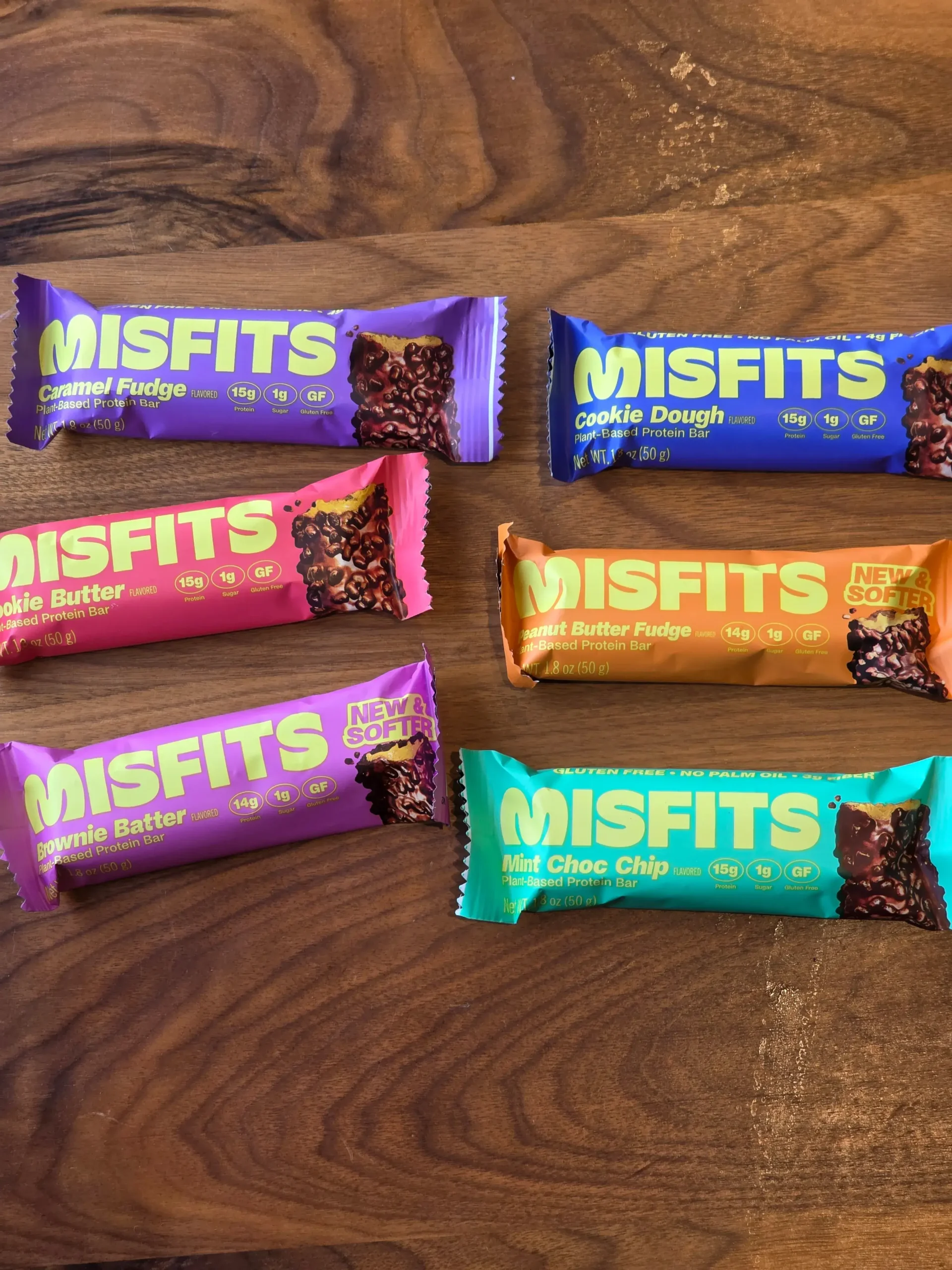 Misfits Protein Bars: Mint Choc Chip, Brownie Batter, Cookie Butter, Peanut Butter Fudge Cookie Dough, and Caramel Fudge.