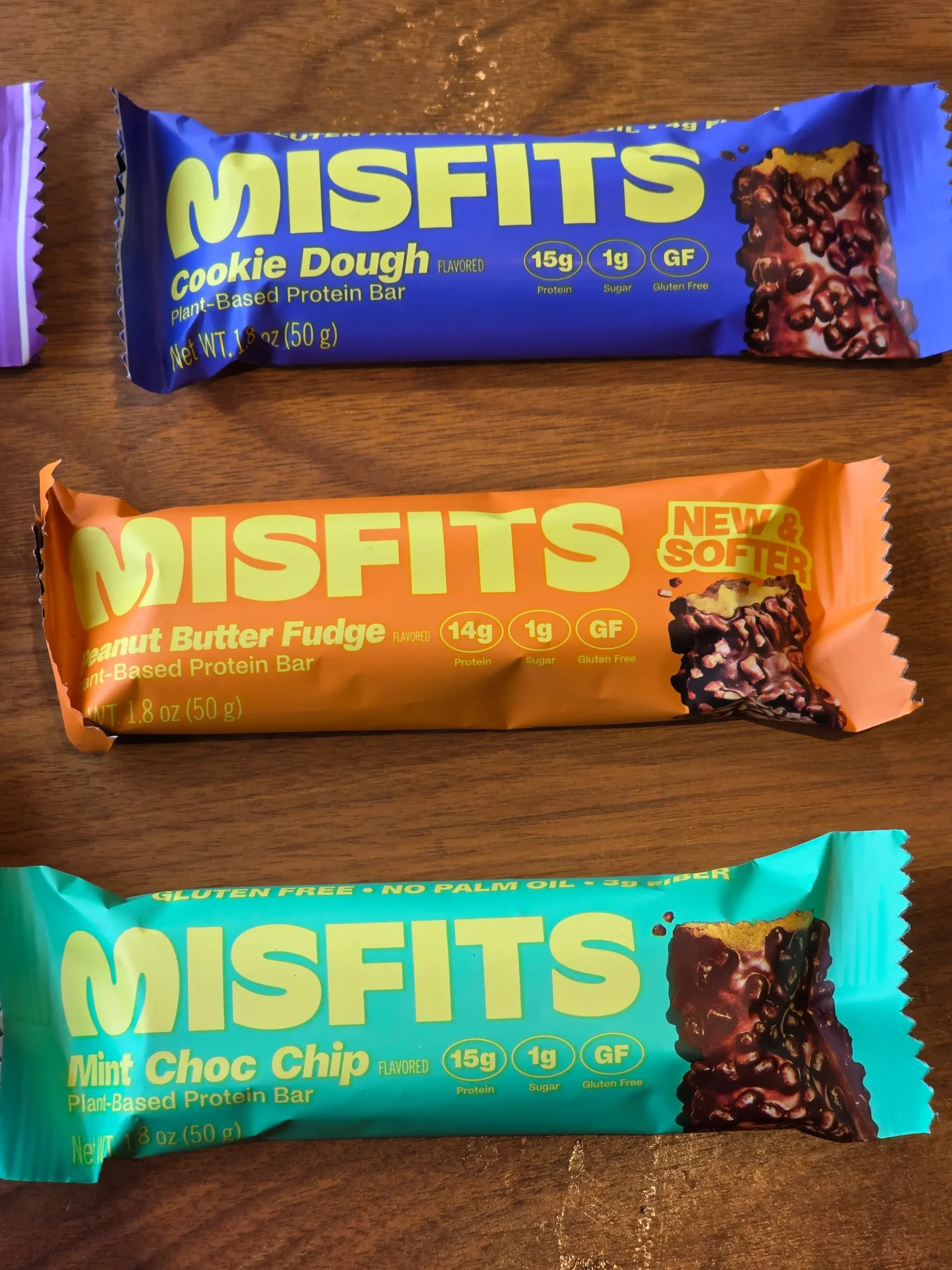 Misfits Protein Bars: Mint Choc Chip, Brownie Batter, Cookie Butter, Peanut Butter Fudge Cookie Dough, and Caramel Fudge.