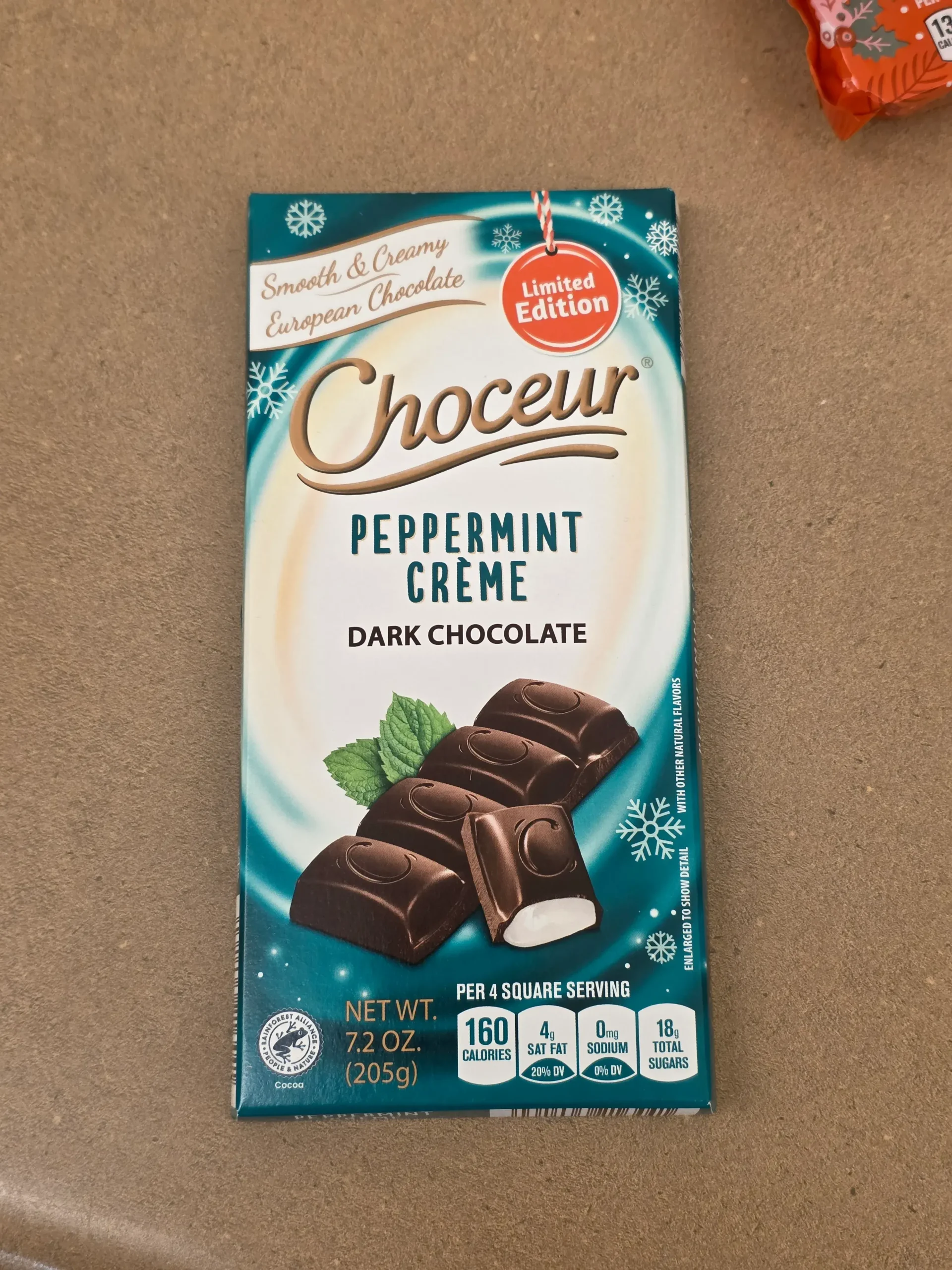 Choceur Peppermint Creme Dark Chocolate Bar.