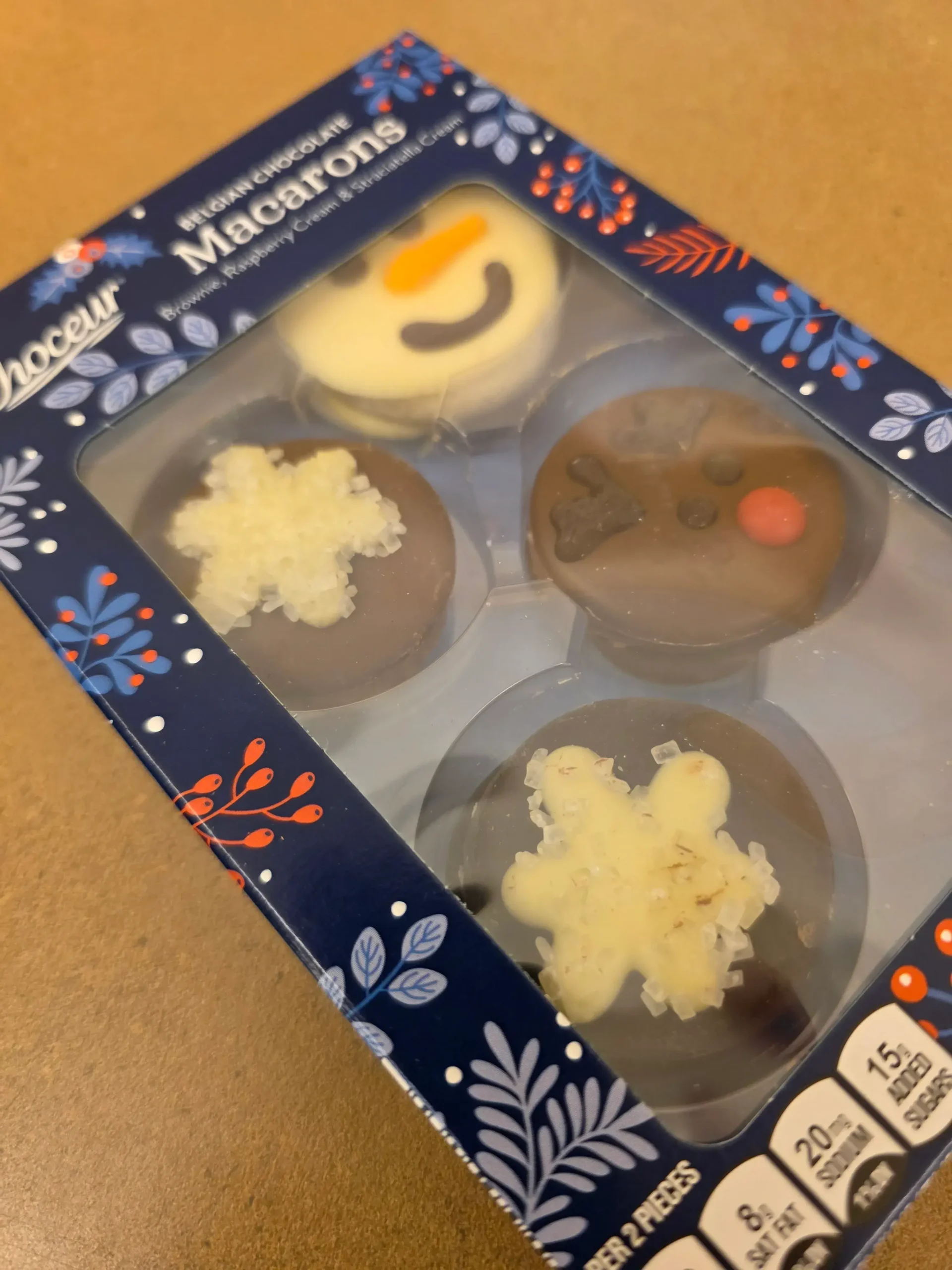 Choceur Belgian Chocolate Macarons: Brownie, Raspberry Cream & Straciatella Cream.