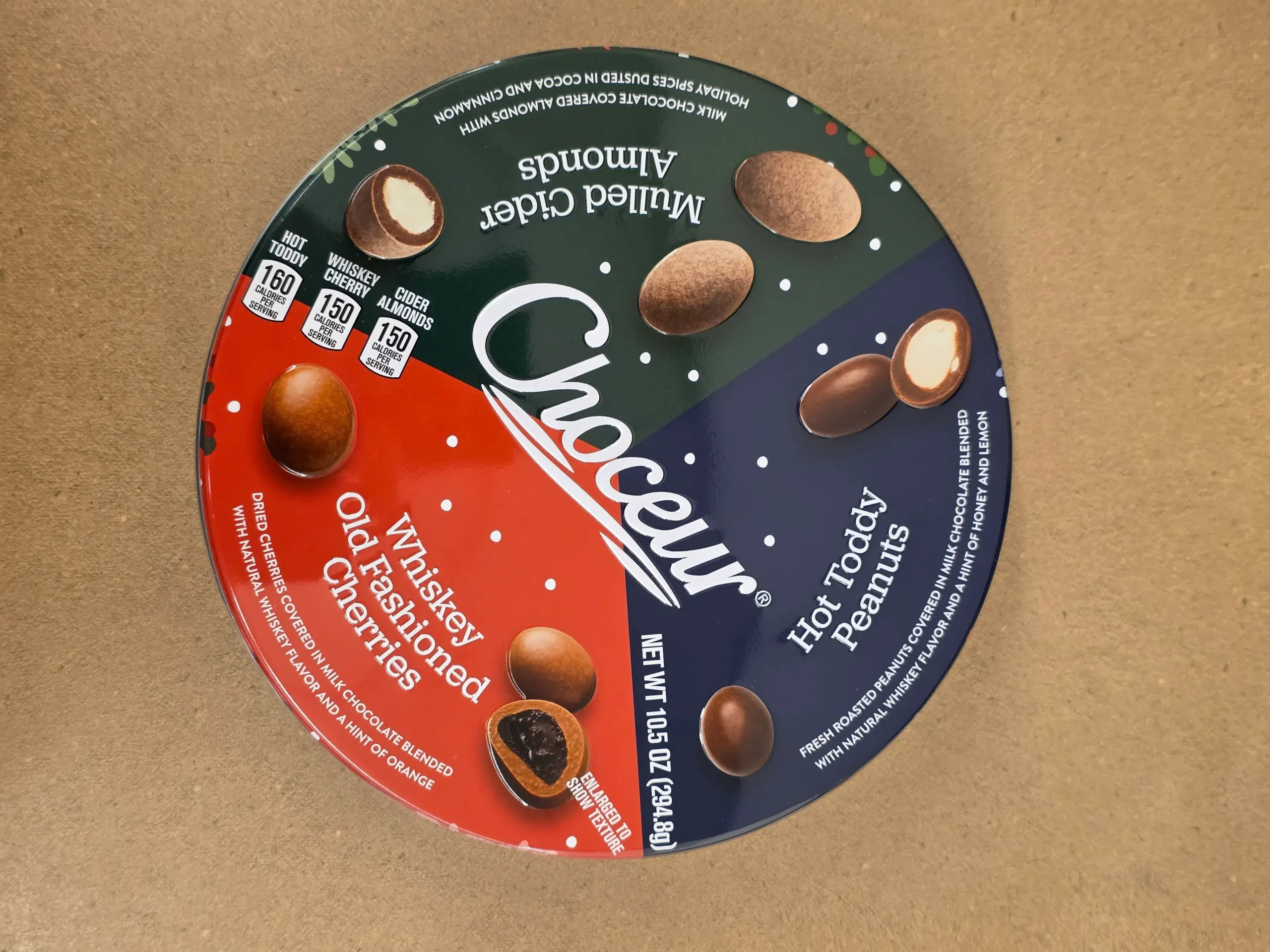 Choceur Mulled Cider Almonds, Hot Toddy Peanuts, and Whiskey Old Fashioned Cherries.