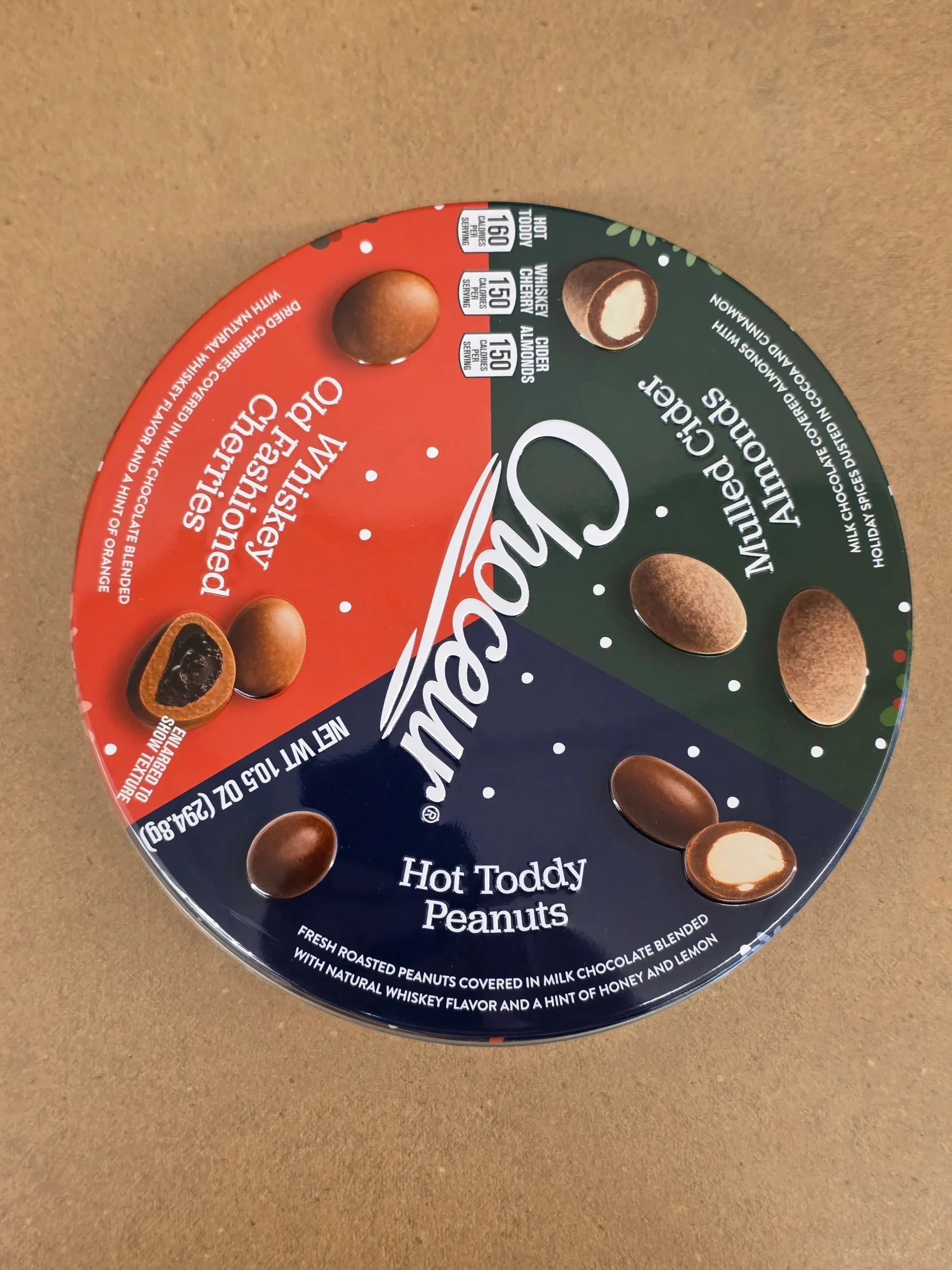 Choceur Mulled Cider Almonds, Hot Toddy Peanuts, and Whiskey Old Fashioned Cherries.