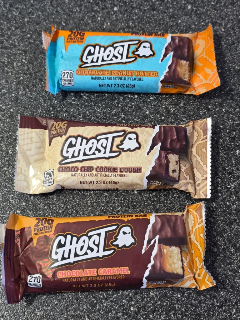 Ghost Protein Bar: Chocolate Caramel, Choco Chip Cookie Dough, and Chocolate Peanut Butter.