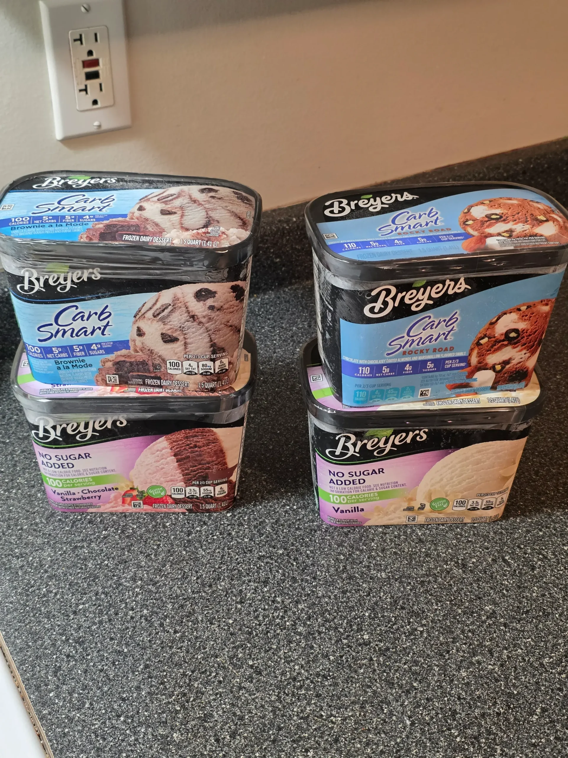 Breyers Carb Smart and No Sugar Added: Rocky Road, Vanilla, Brownie a la Mode and Vanilla, Chocolate, Strawberry.