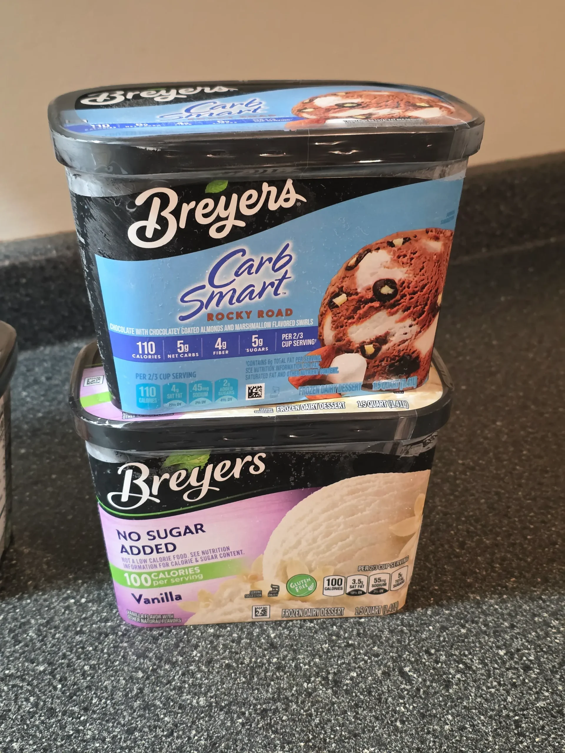 Breyers Carb Smart and No Sugar Added: Rocky Road, Vanilla, Brownie a la Mode and Vanilla, Chocolate, Strawberry.