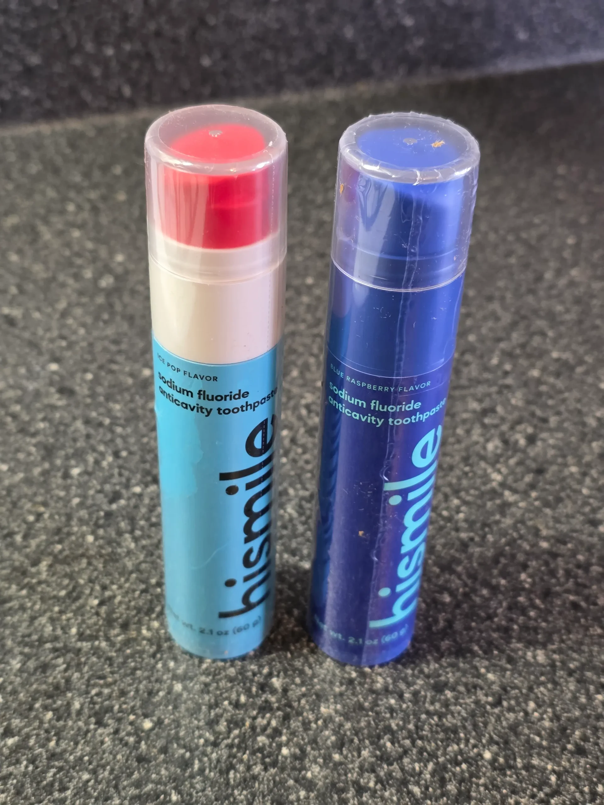 Hismile Rocket Pop and Blue Raspberry flavored toothpaste.