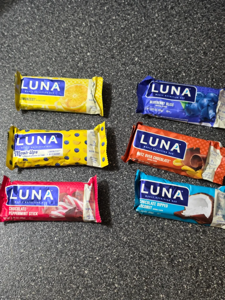 Clif LUNA Bar Variety Pack: LemonZest, LemonZest + Blueberry Mash-Up, Nutz Over Chocolate, Chocolatey Dipped Coconut, Blueberry Bliss, and Chocolate Peppermint Stick.