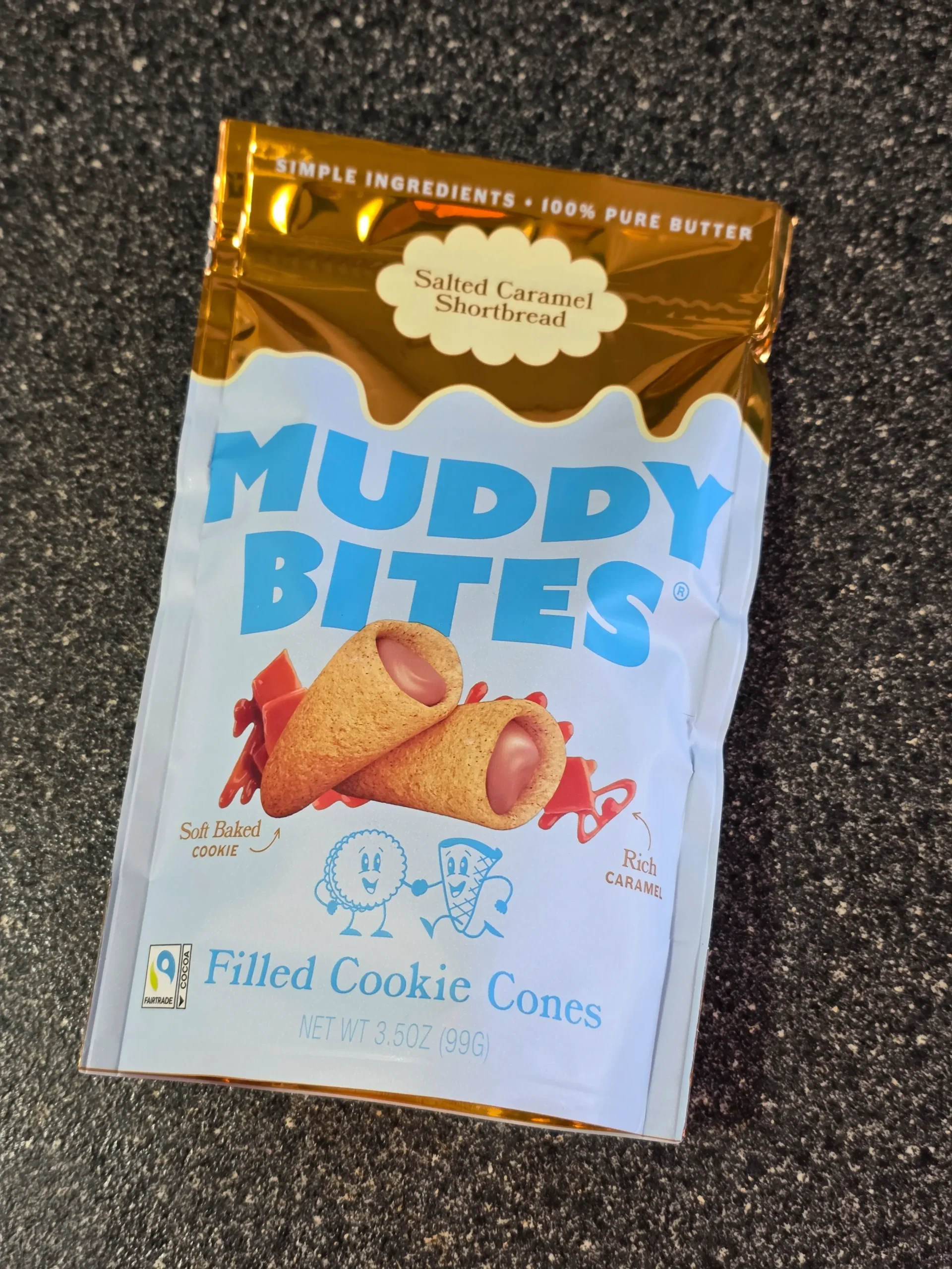 Muddy Bites Hazelnut Cocoa and Salted Caramel Shortbread Filled Cookie Cones.