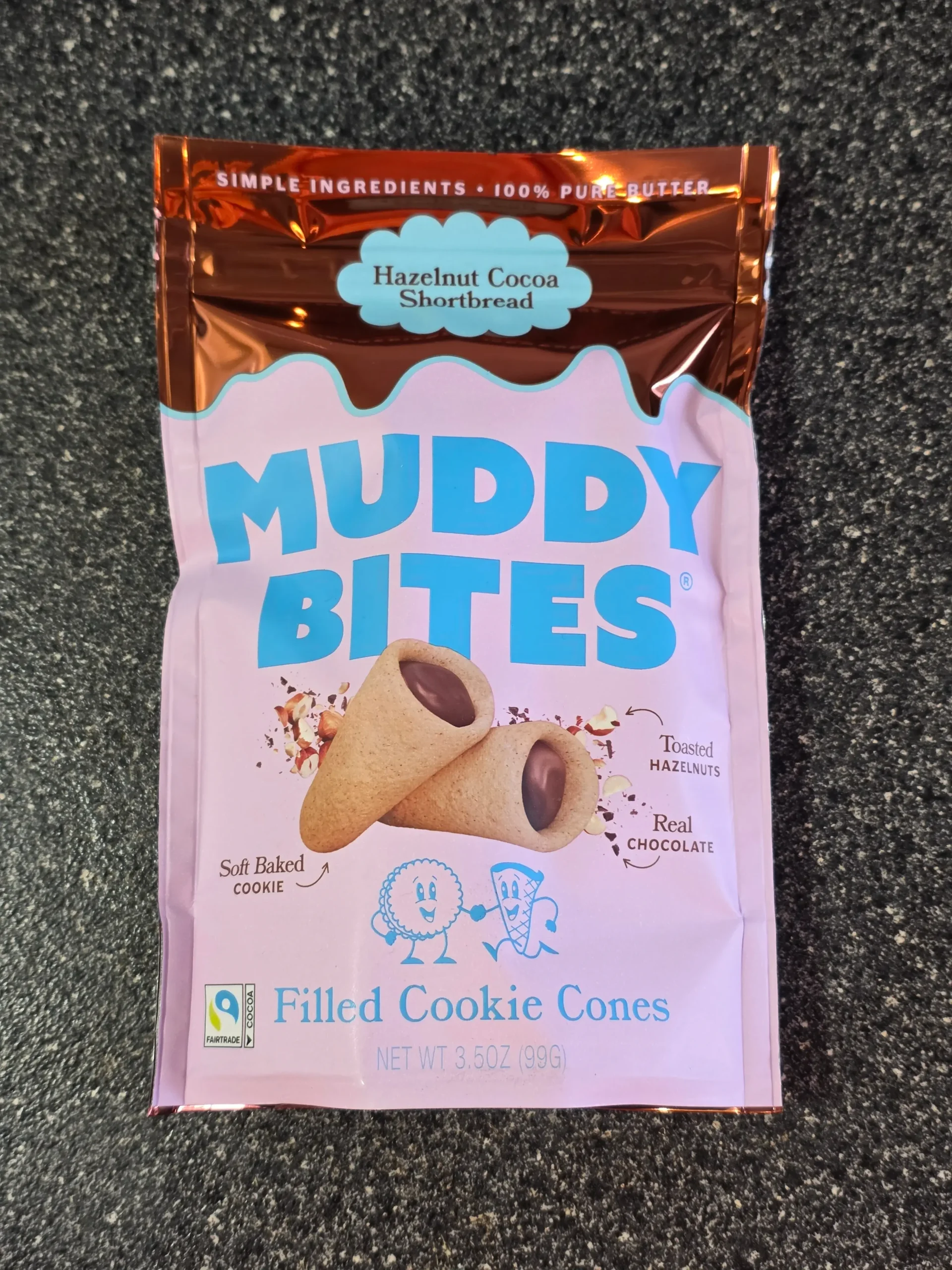 Muddy Bites Hazelnut Cocoa and Salted Caramel Shortbread Filled Cookie Cones.