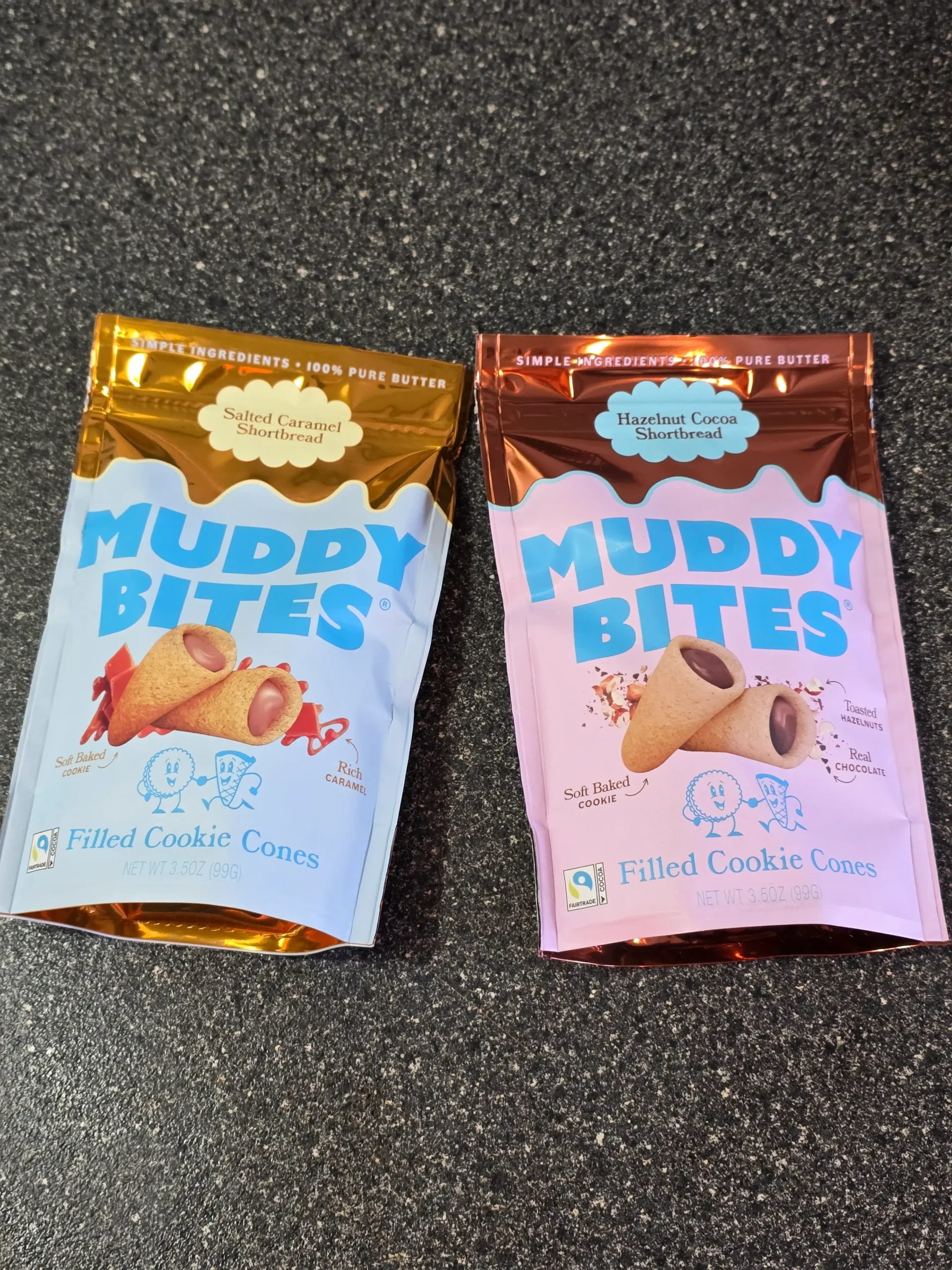 Muddy Bites Hazelnut Cocoa and Salted Caramel Shortbread Filled Cookie Cones.