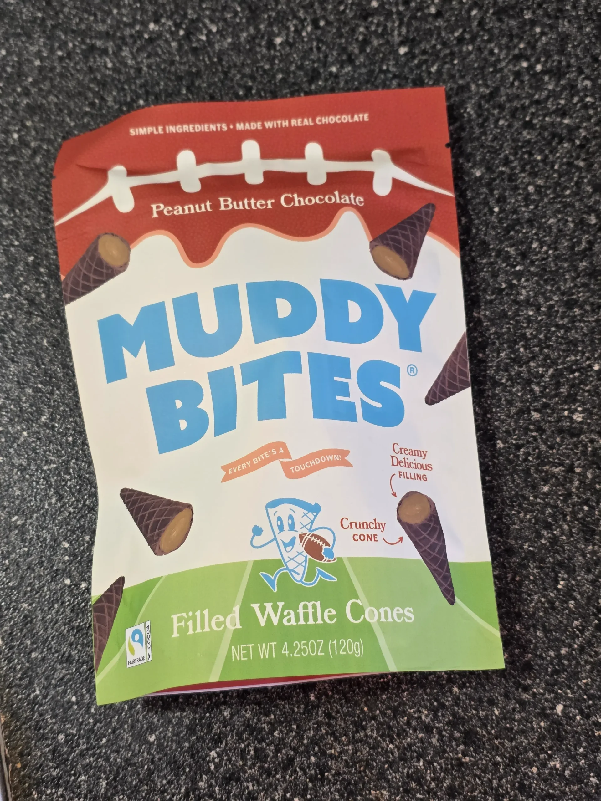 Muddy Bites Peanut Butter Chocolate Filled Waffle Cones.