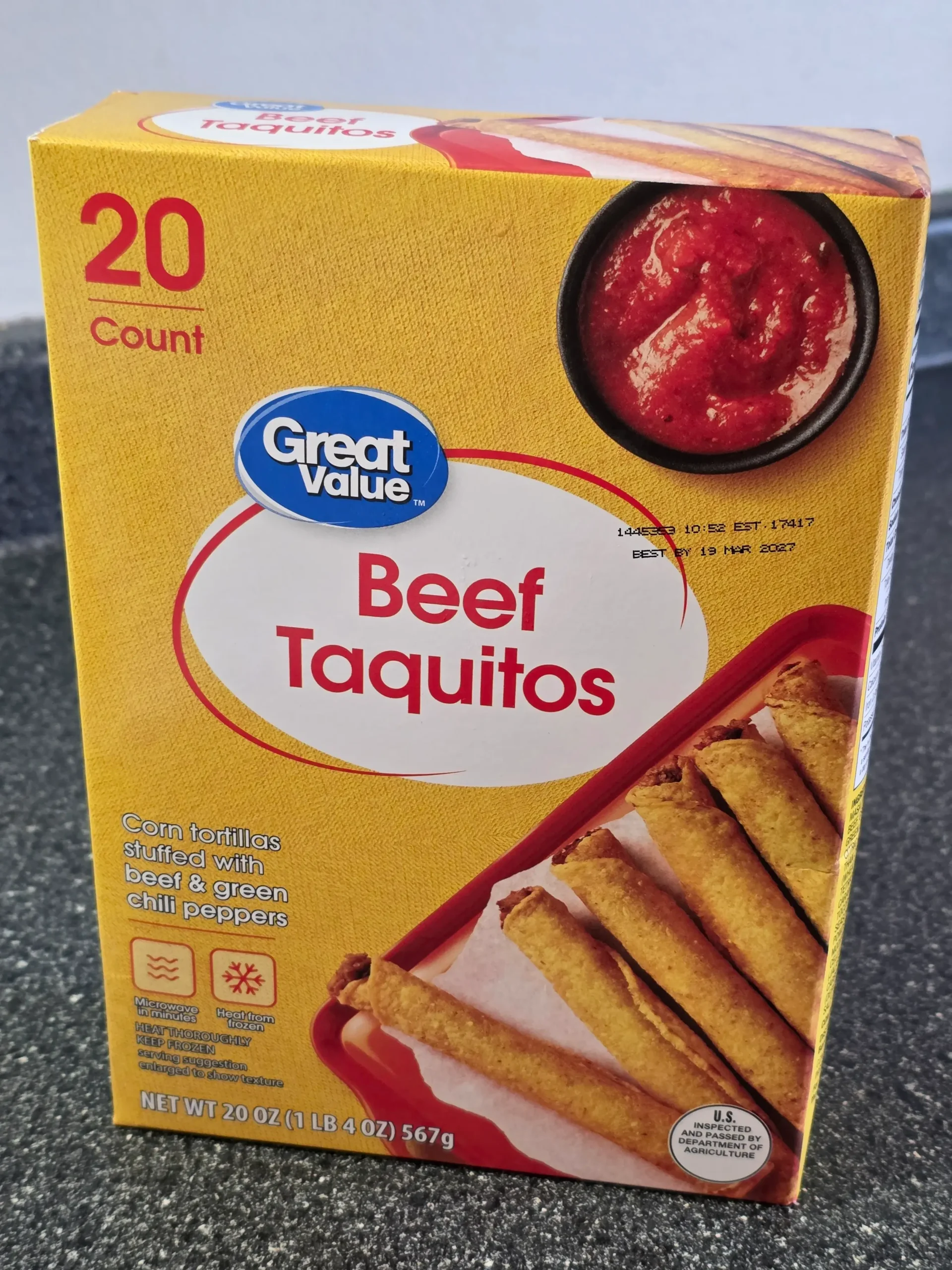 Walmart Great Value Beef Taquitos.