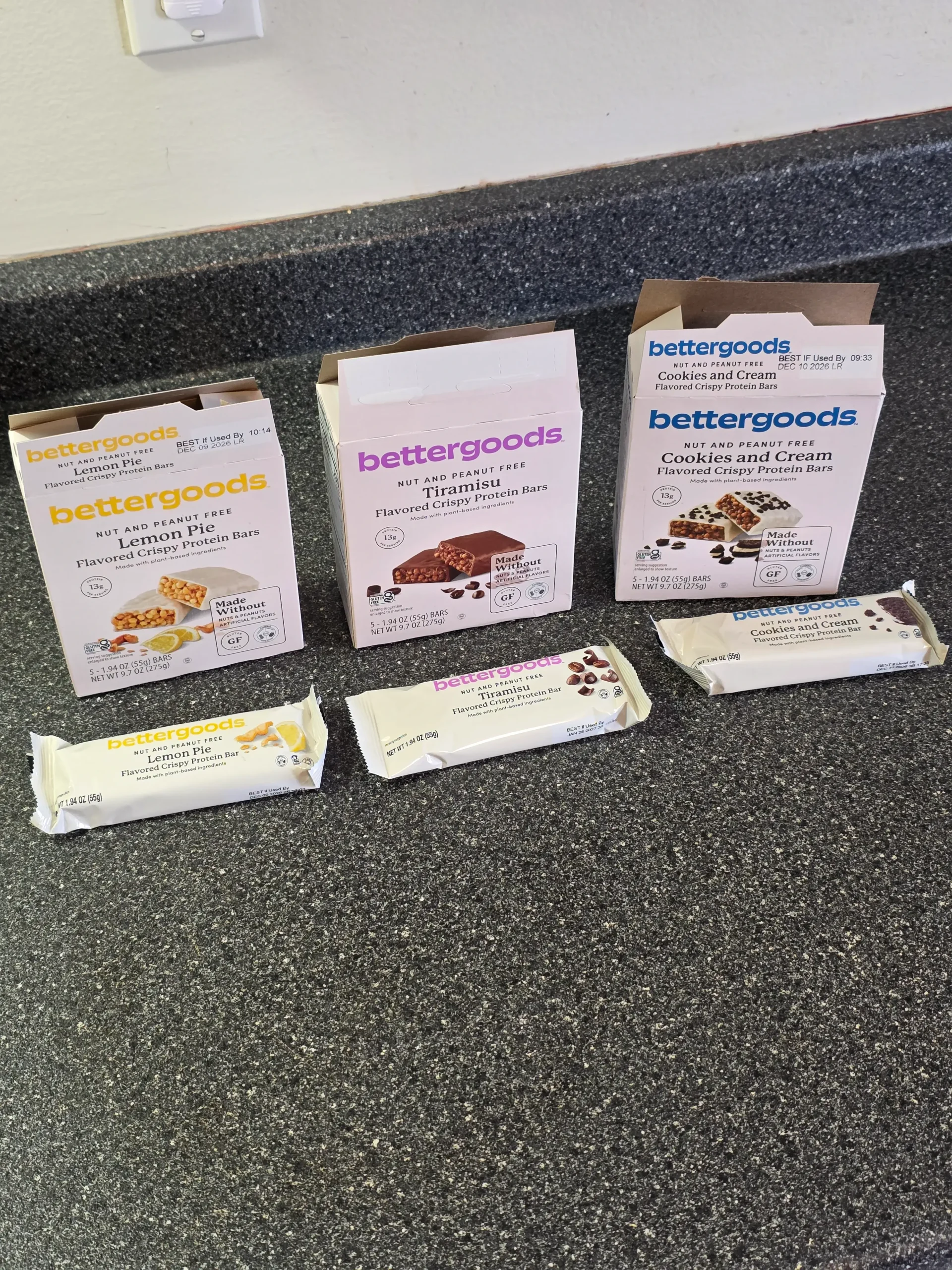 Walmart bettergoods Flavored Crispy Protein Bars: Lemon Pie, Tiramisu, and Cookies and Cream.