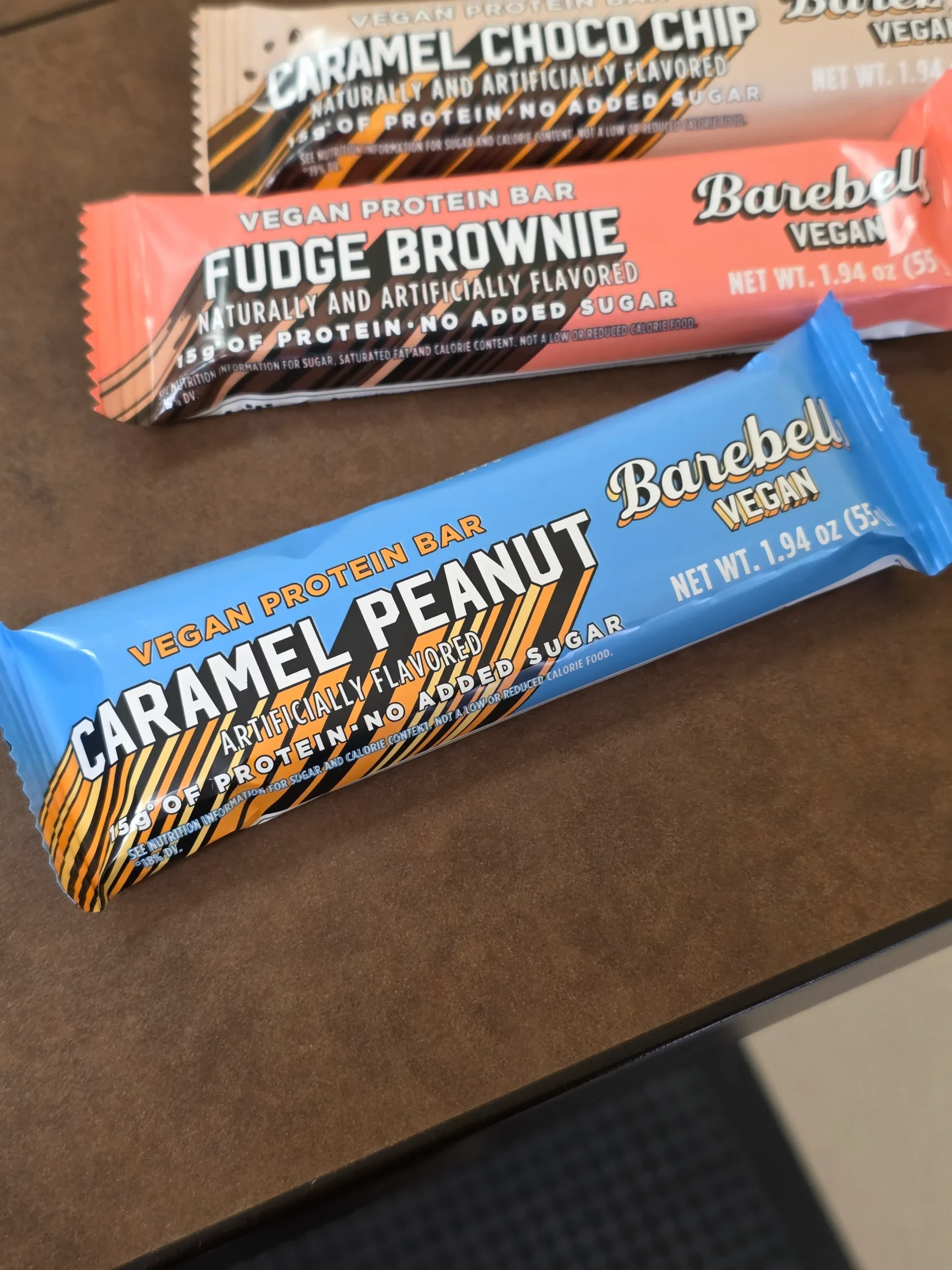 Barebells Vegan Protein Bar: Caramel Peanut, Fudge Brownie, and Caramel Choco Chip.