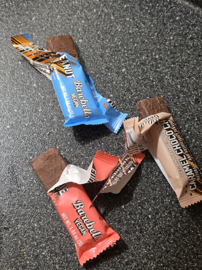 Barebells Vegan Protein Bar: Caramel Peanut, Fudge Brownie, and Caramel Choco Chip.