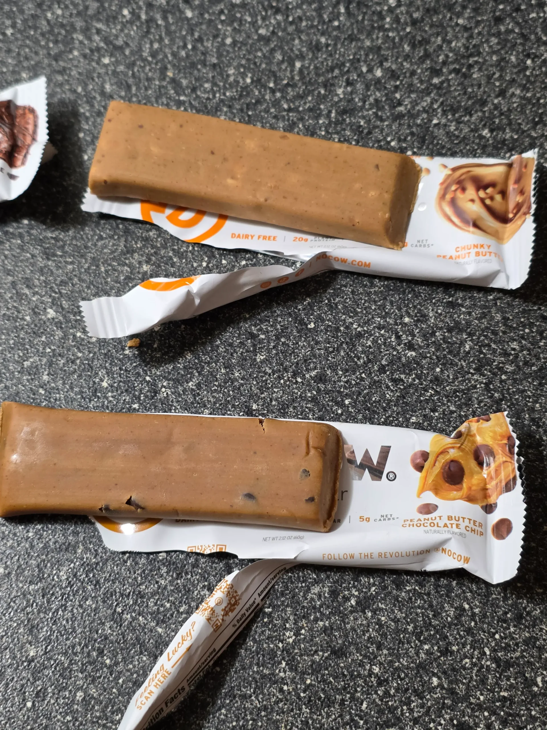 No Cow Protein Bars, Peanut Butter Chocolate Chip, Chunky Peanut Butter, Chocolate Fudge Brownie, and Chocolate Chip Cookie Dough.