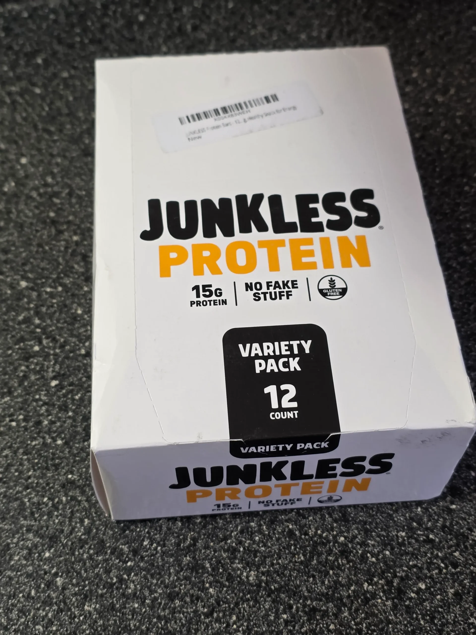 Junkless protein bars, Chocolate Peanut Butter, Birthday Cake, Chocolate Chip Cookie Dough, and Peanut Butter Chocolate Brownie.