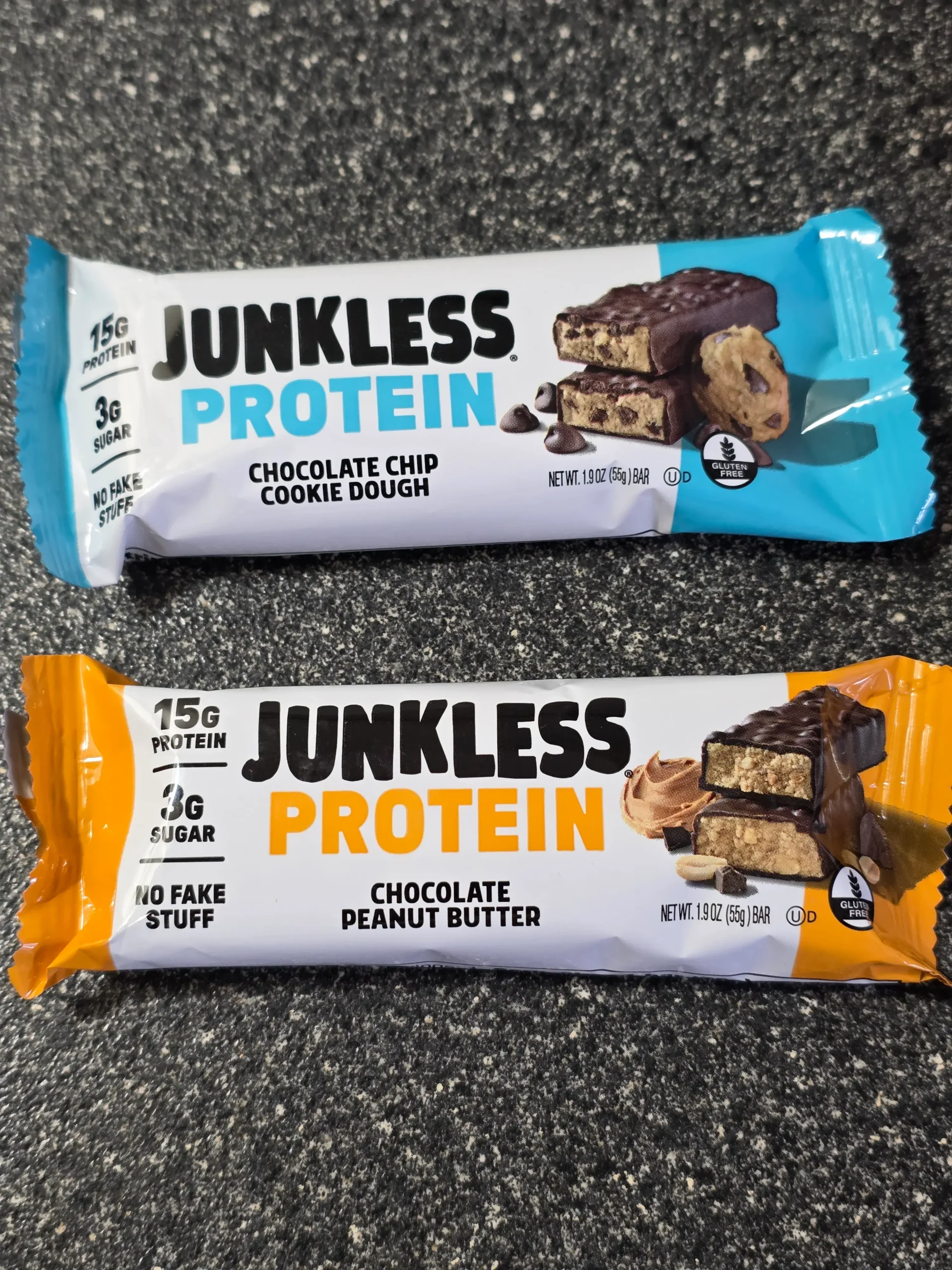 Junkless protein bars, Chocolate Peanut Butter, Birthday Cake, Chocolate Chip Cookie Dough, and Peanut Butter Chocolate Brownie.