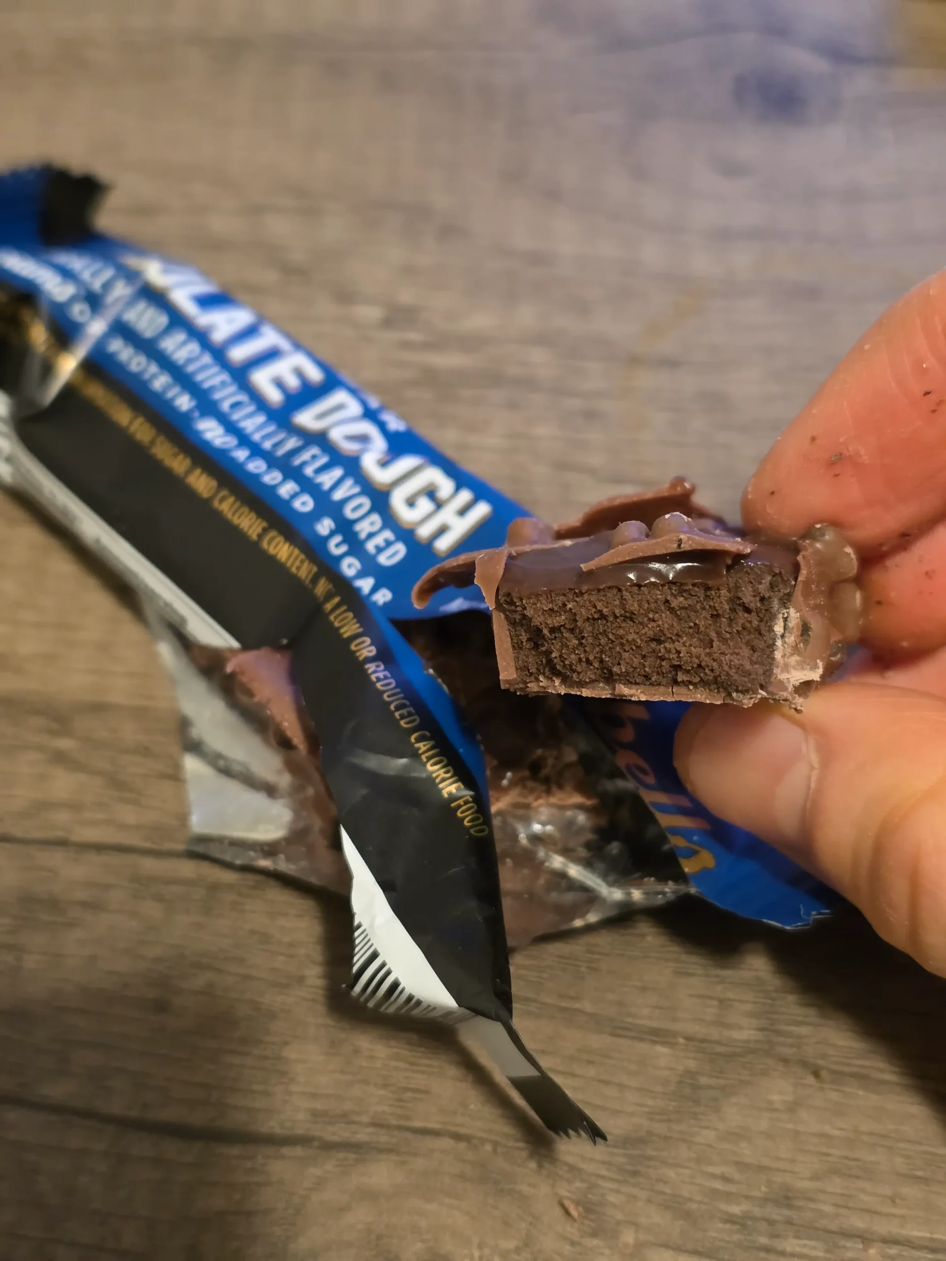 Barebells chocolate dough protein bar.