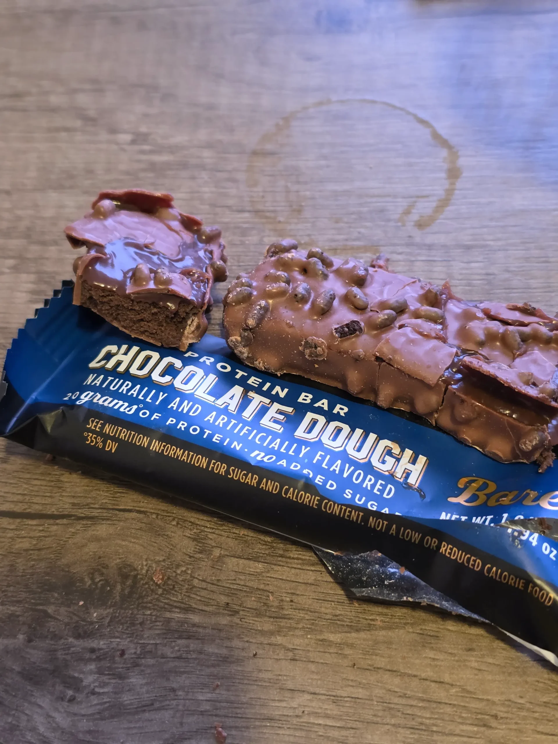 Barebells chocolate dough protein bar.