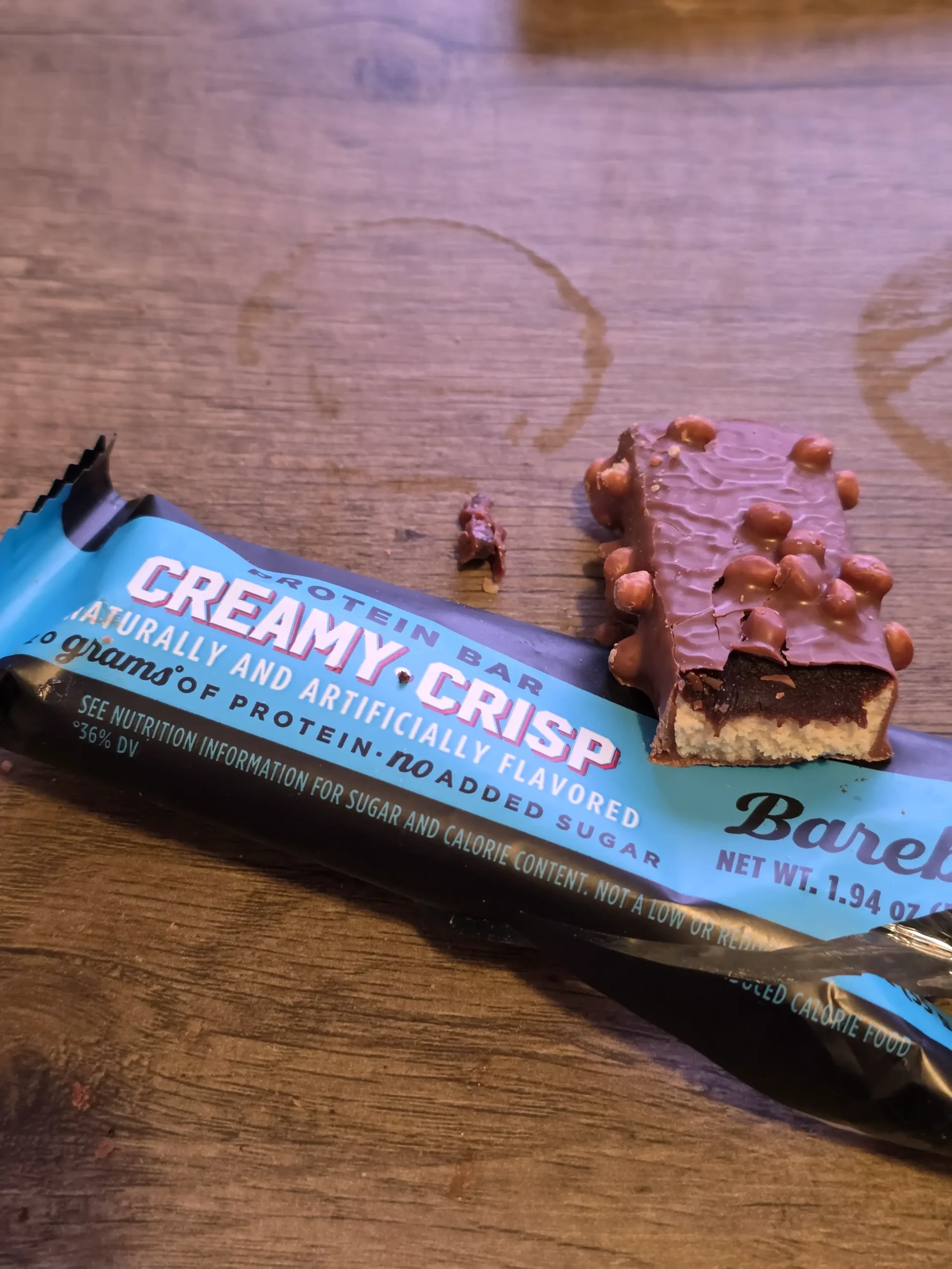 Barebells creamy crisp protein bar.
