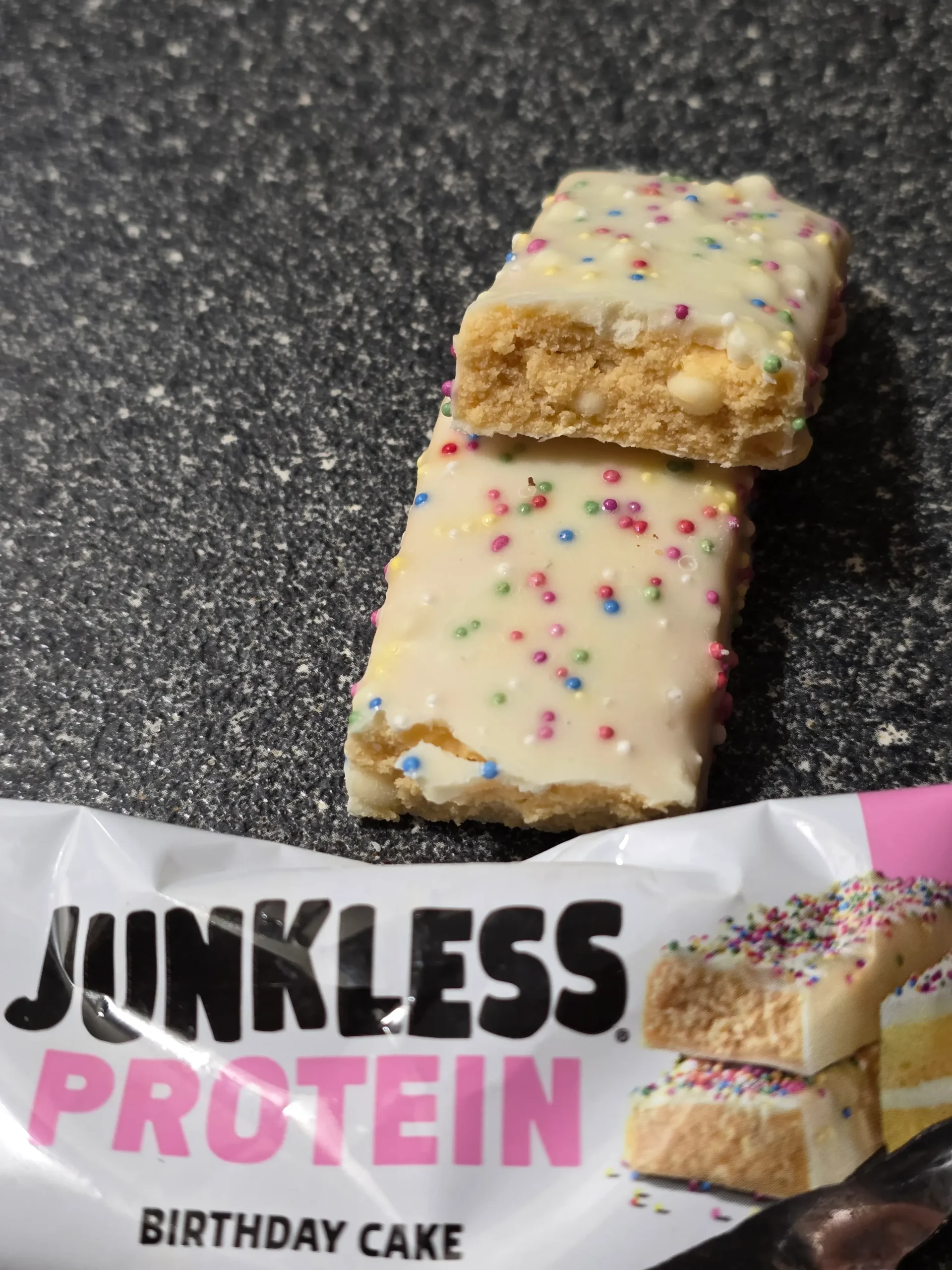 Junkless protein bars, Chocolate Peanut Butter, Birthday Cake, Chocolate Chip Cookie Dough, and Peanut Butter Chocolate Brownie.