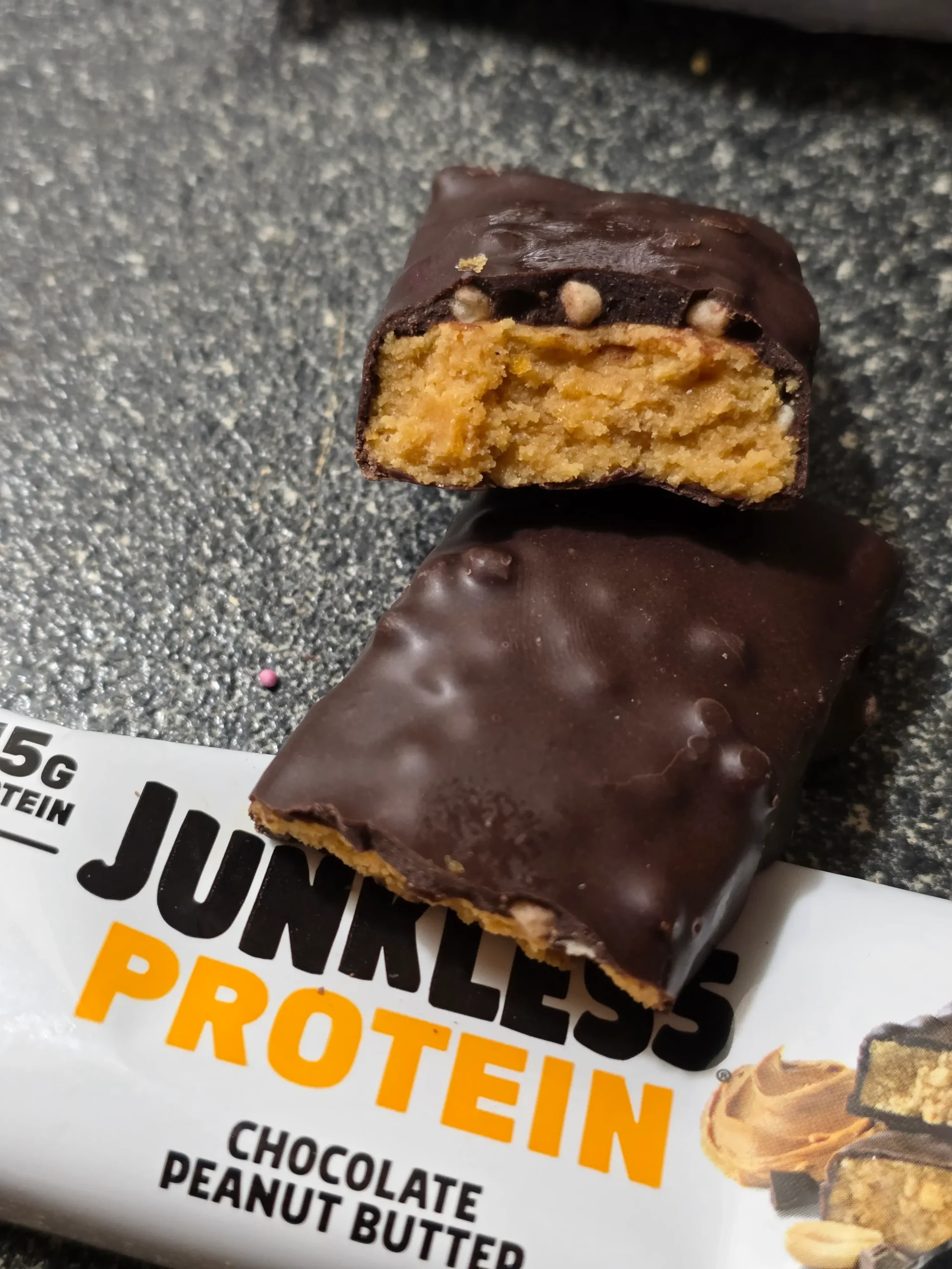 Junkless protein bars, Chocolate Peanut Butter, Birthday Cake, Chocolate Chip Cookie Dough, and Peanut Butter Chocolate Brownie.