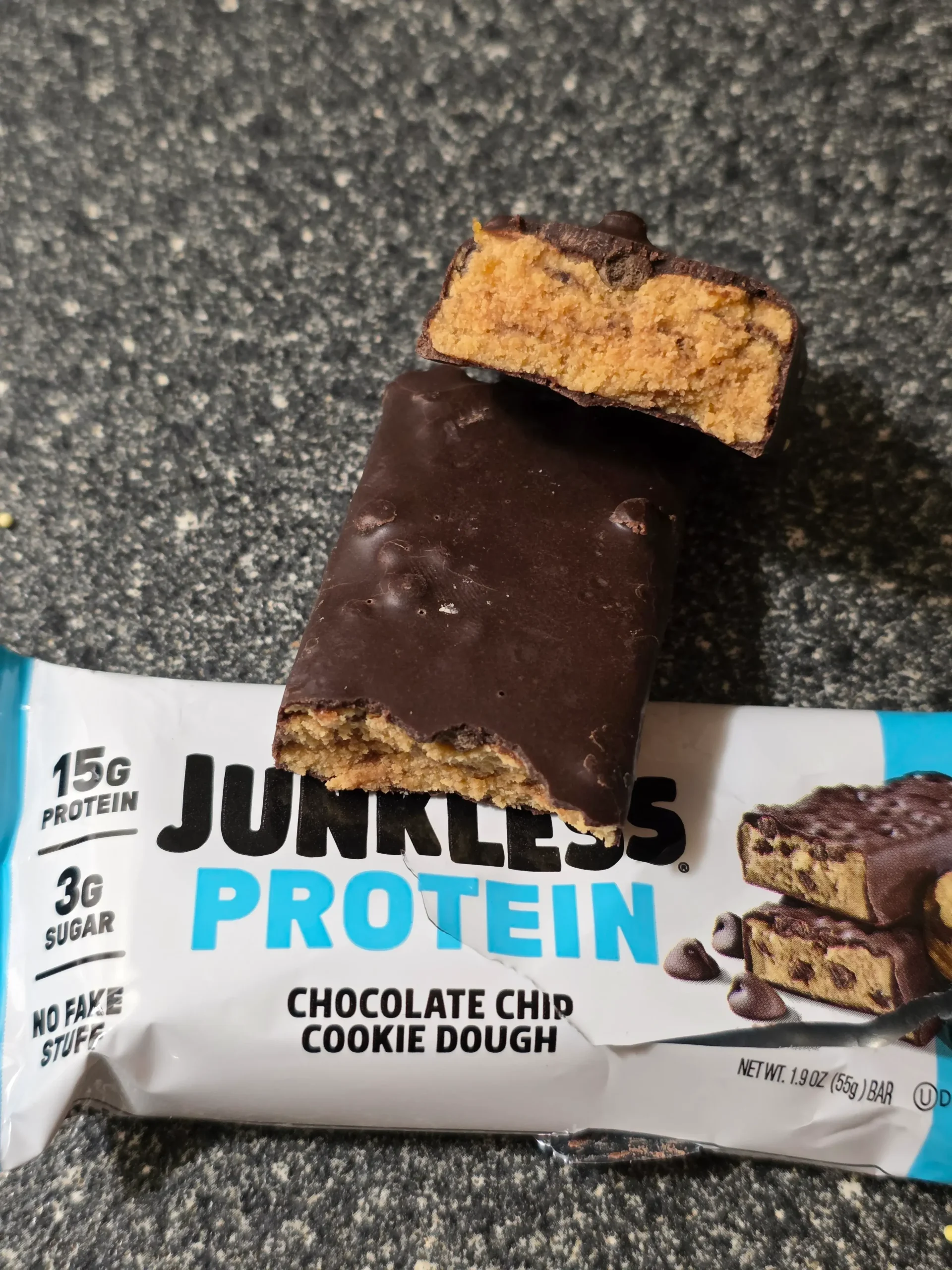 Junkless protein bars, Chocolate Peanut Butter, Birthday Cake, Chocolate Chip Cookie Dough, and Peanut Butter Chocolate Brownie.