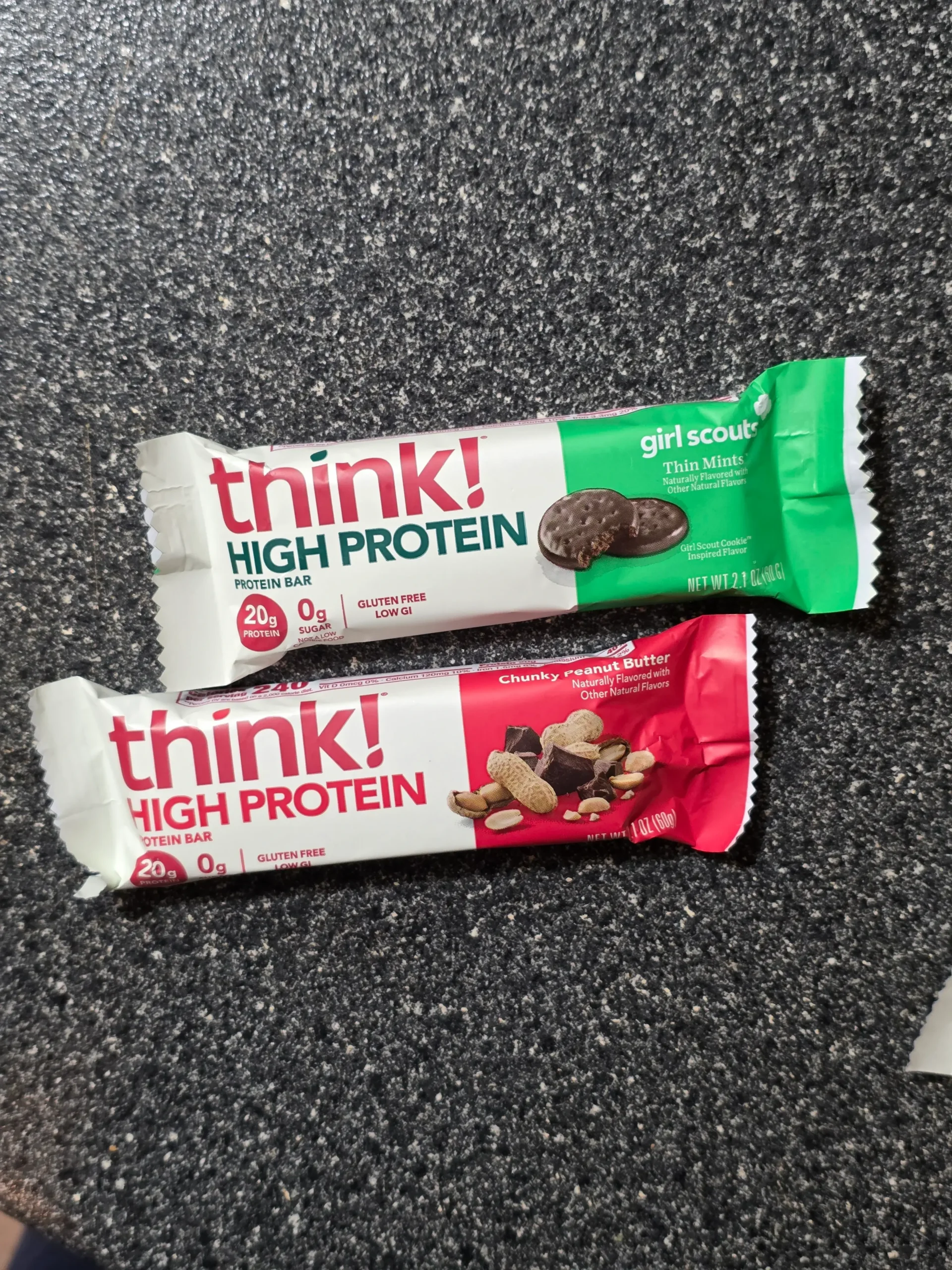 think! Think Protein Bars Girl Scouts Thin Mints, Chunky Peanut Butter, Lemon Delight, Cookies & Creme, White Chocolate, and Creamy Peanut Butter.