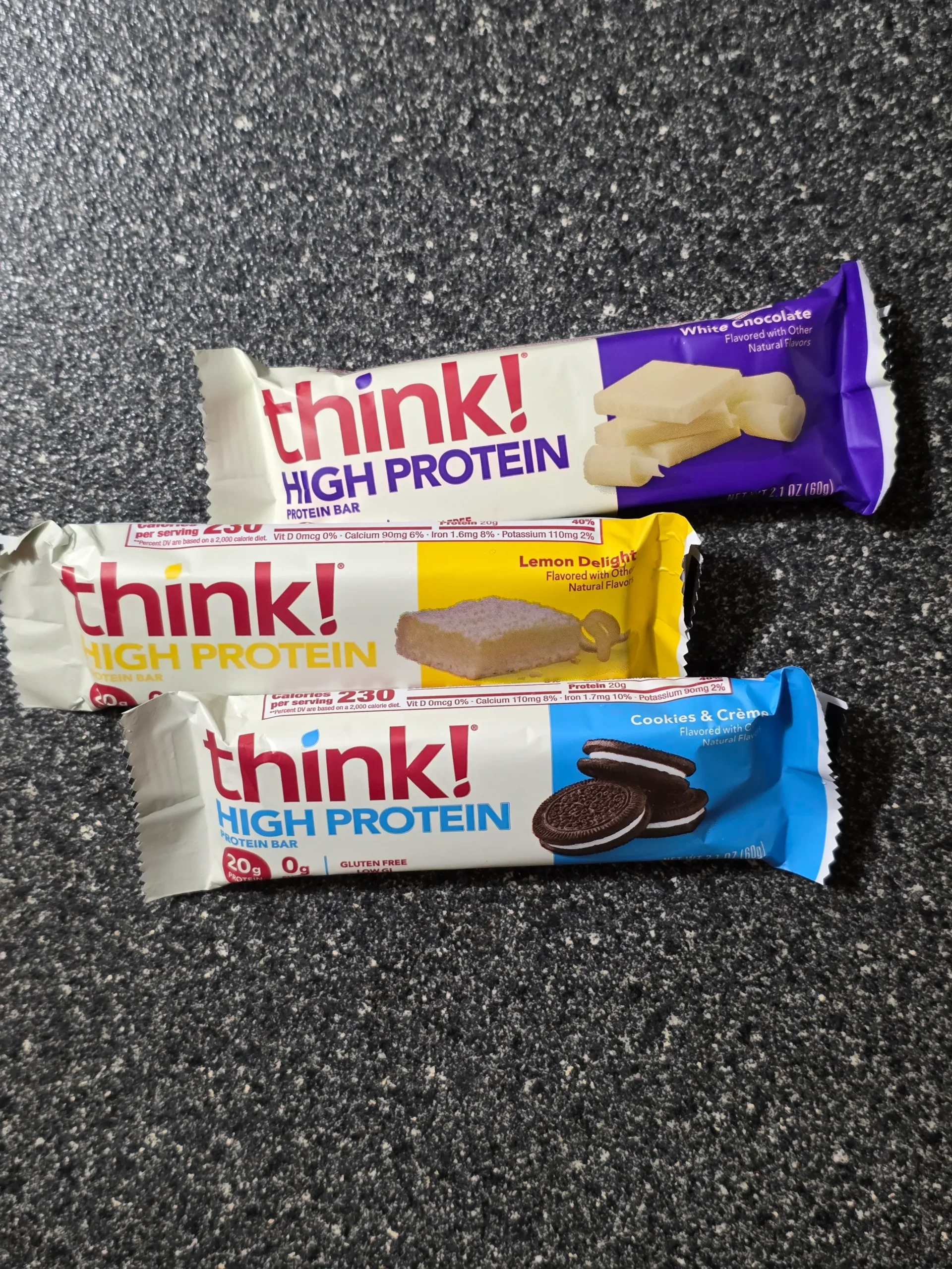 think! Think Protein Bars Girl Scouts Thin Mints, Chunky Peanut Butter, Lemon Delight, Cookies & Creme, White Chocolate, and Creamy Peanut Butter.