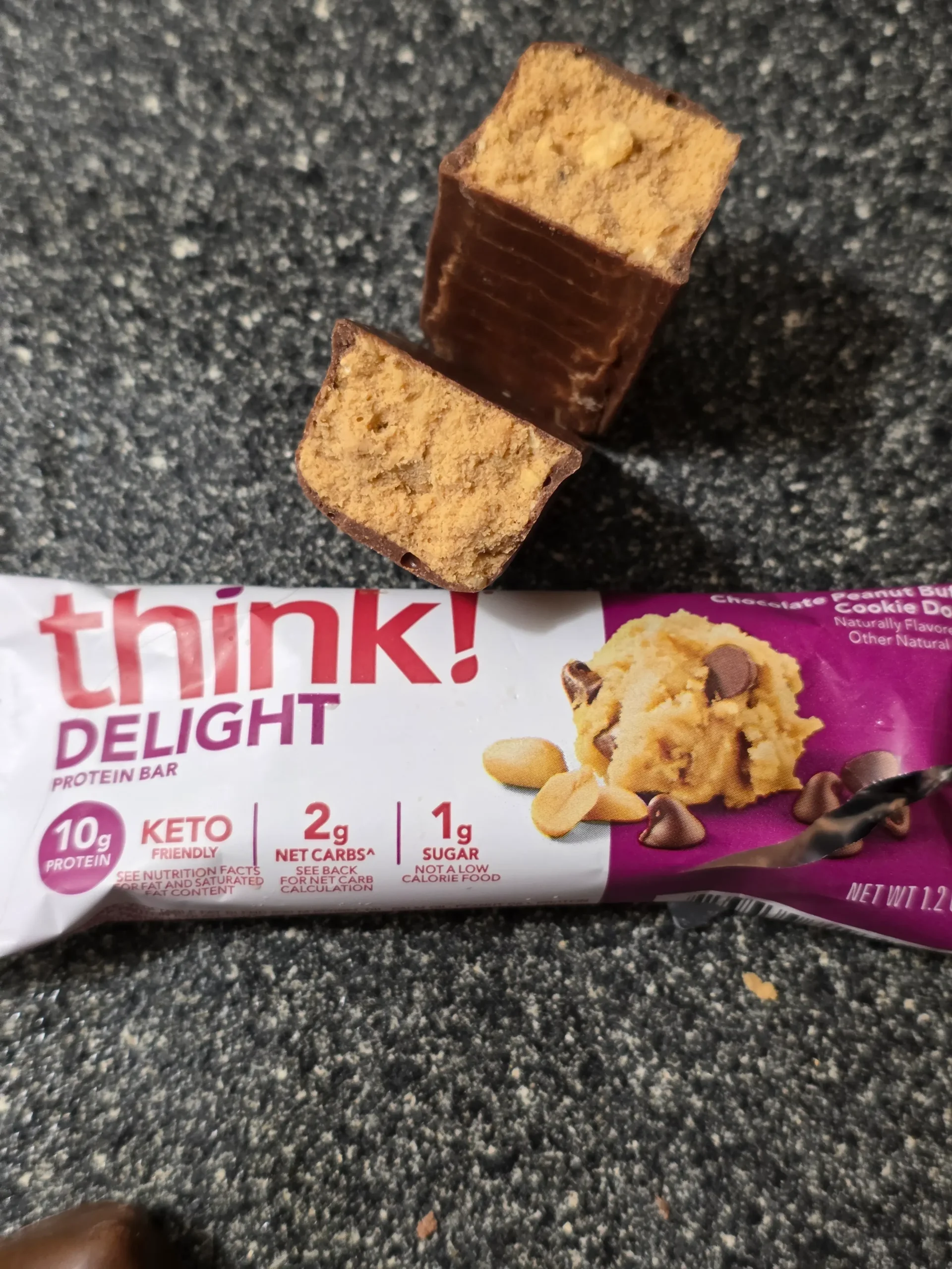 think! Delight protein bars, Chocolate Peanut Butter Cookie Dough, Chocolate Peanut Butter Pie, and Chocolate Mousse Pie.