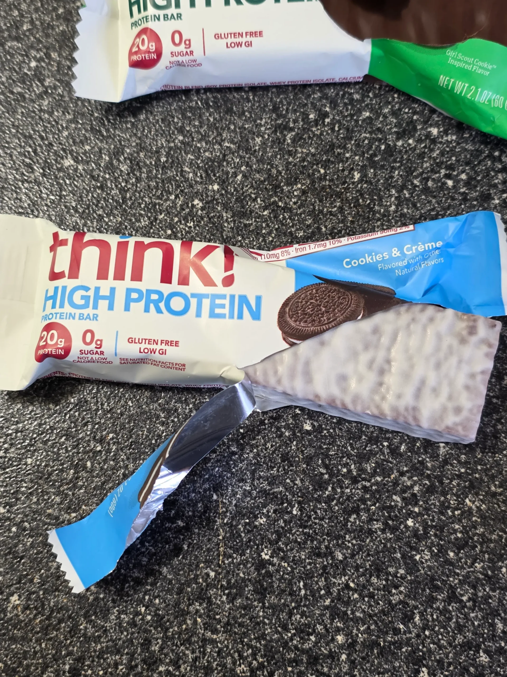 think! Think Protein Bars Girl Scouts Thin Mints, Chunky Peanut Butter, Lemon Delight, Cookies & Creme, White Chocolate, and Creamy Peanut Butter.