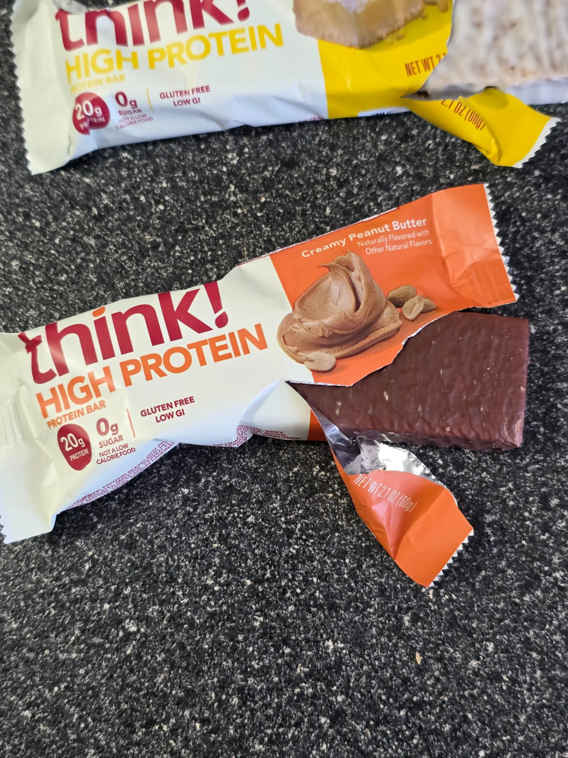 think! Think Protein Bars Girl Scouts Thin Mints, Chunky Peanut Butter, Lemon Delight, Cookies & Creme, White Chocolate, and Creamy Peanut Butter.