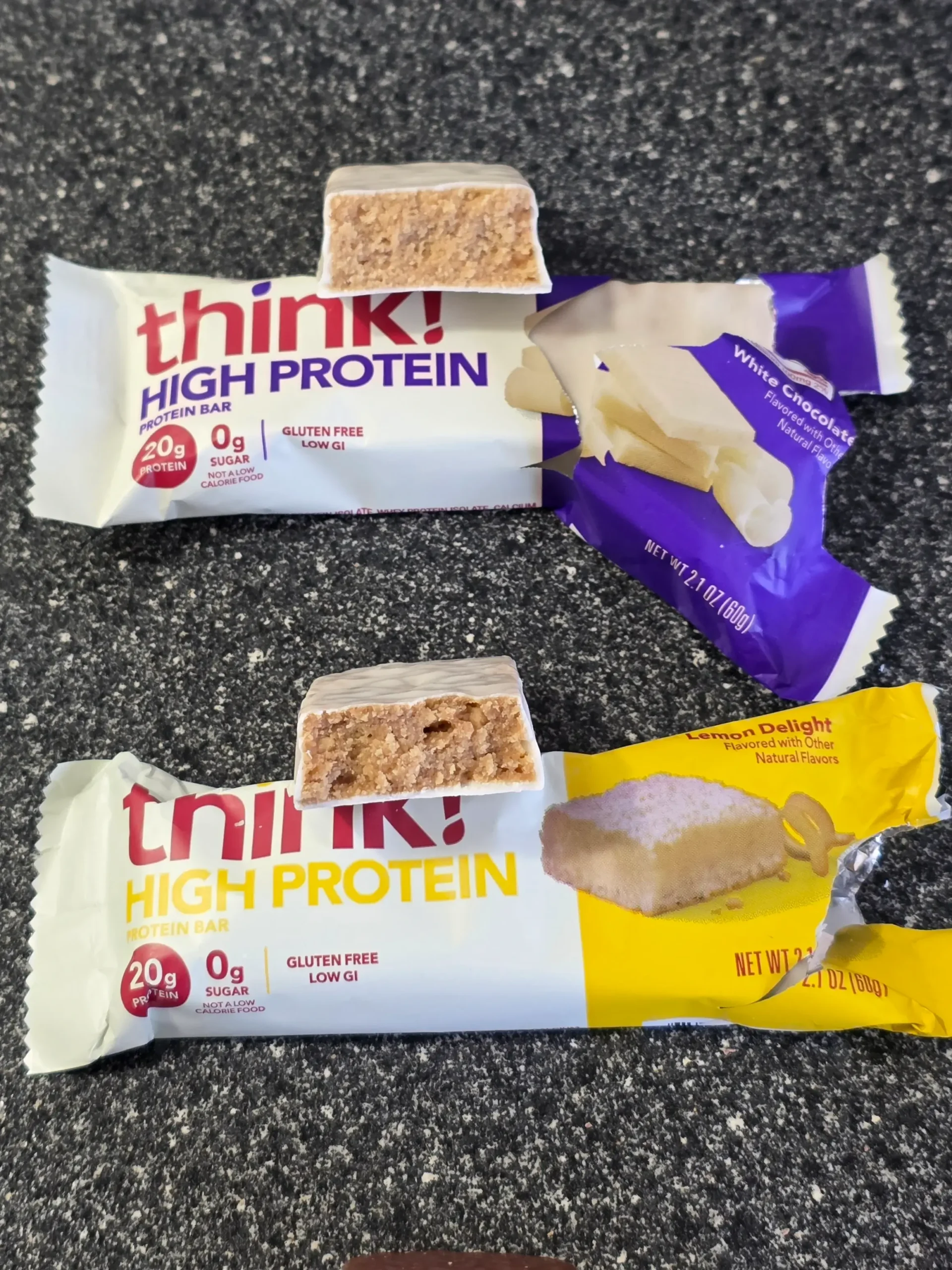 think! Think Protein Bars Girl Scouts Thin Mints, Chunky Peanut Butter, Lemon Delight, Cookies & Creme, White Chocolate, and Creamy Peanut Butter.